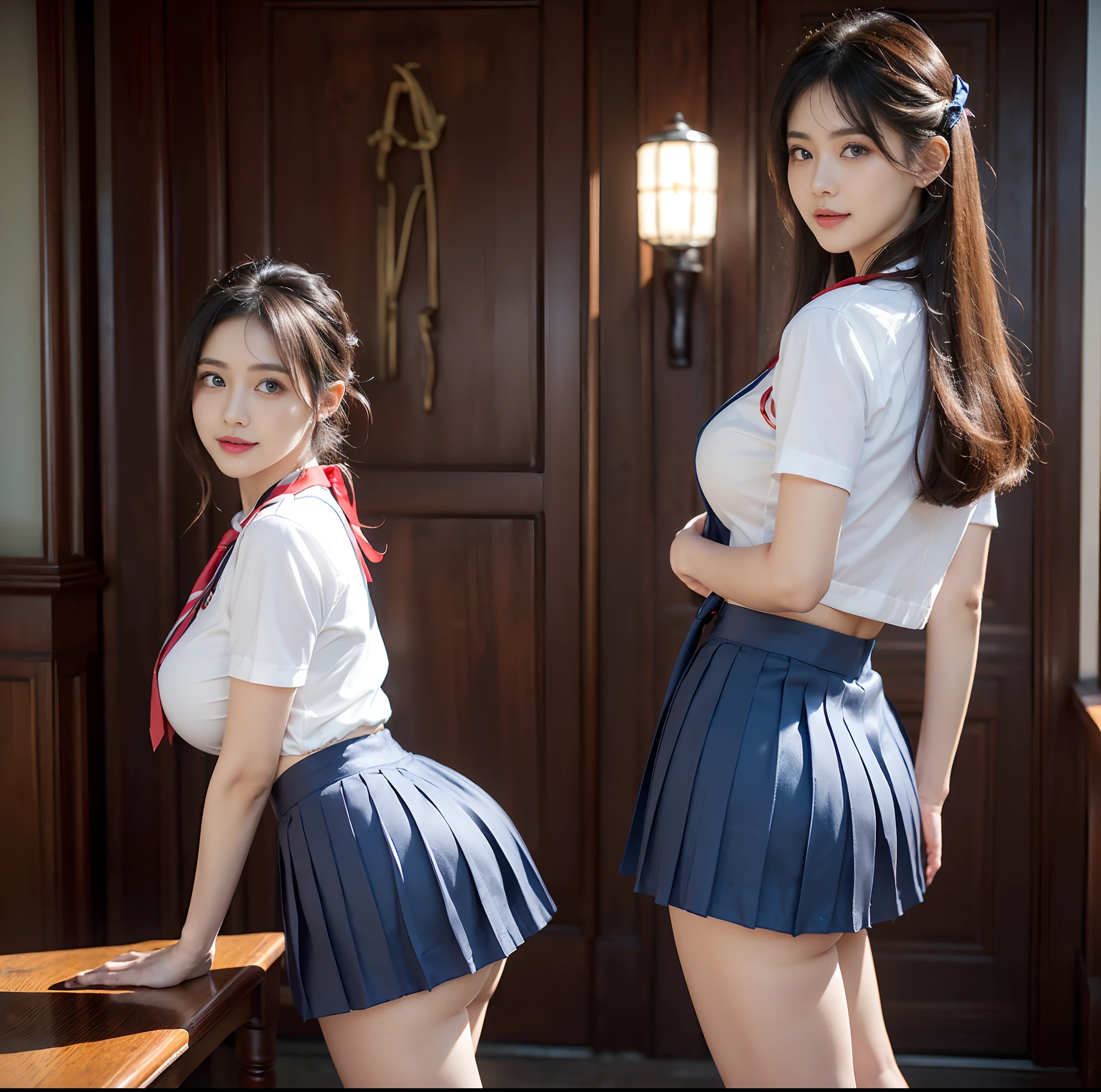 top-quality, 4K picture quality, masterpiece, Professional lighting without shadows, A hyper-realistic, perfect anatomia, Two girls, (Proudly standing in front of the camera、With a girl showing off a ribbon tie from the front, Another girl on the other side is bending down next to her and sticking her ass out), ( with perfect body、Colossal breasts with tension:1.3), Bright and even whitening skin without wrinkles and steps, (Reflects a lot of light with bright and beautiful blue eyes with long eyelashes and plump red tear bags:1.3)、 Cute hairstyles, (Her outfit is、Dress up a tight-fitting schoolgirl uniform with ultra-thin fabric and a super short super mini pleated skirt:1.3), (Proudly showing off the intricate design around the neck and crimson ribbon tie from the front), (Another girl on the other side、To beautifully emphasize the proud big buttocks、Exposing a big butt from directly behind:1.5), Beautiful face with squinted eyes, (She smiles with sleepy half-eyes),