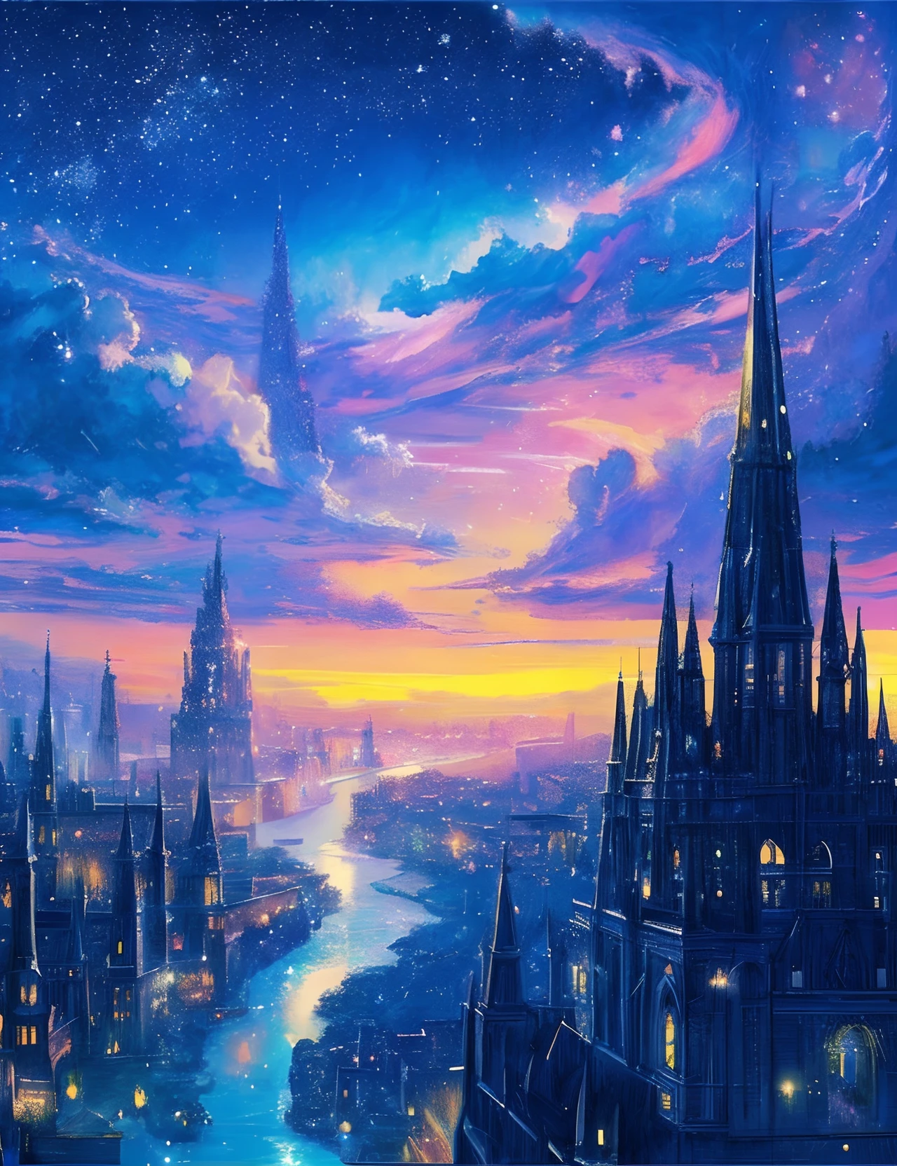 the met、Painting of a river with stars and moon in the sky、the met、Shining skyscrapers、Shine across the board、Skyscrapers、Concept art inspired by Mitsuoki Tosa、pixiv contest winners、top-quality、Fantasyart、beautiful anime scene、Bright moon、Moonlit star environment、Dream painting、Anime Background Art、Fantasy landscape art、fantasy knight、anime backgrounds、background artwork、Fantastic art、atmospheric anime、starrysky、Detail has been enhanced。