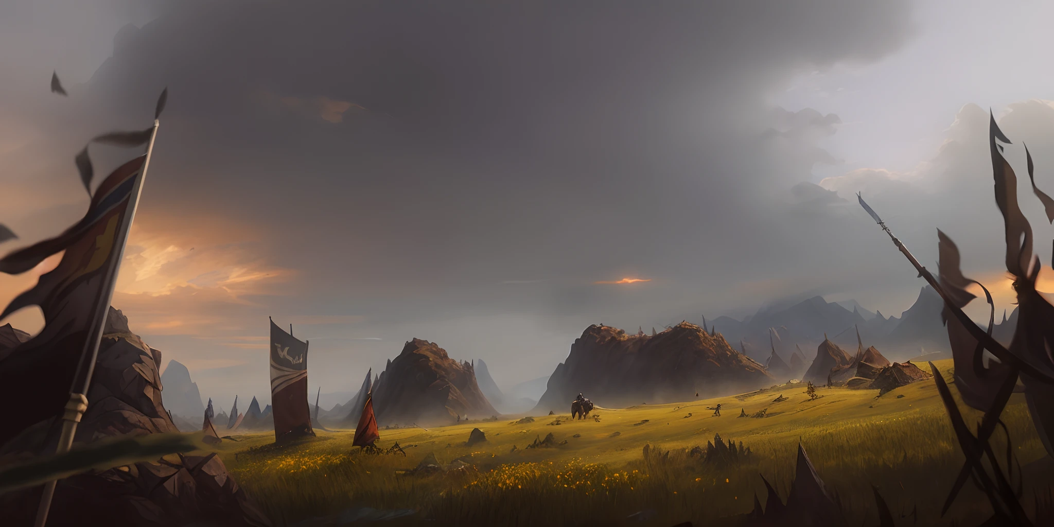 There was a large crowd of people standing in the field with flags, game map matte painting, game art matte painting, epic cinematic matte painting, Epic matte painting, amazing exquisite matte painting, dota matte painting concept art, dota! matte painting concept art, epic landscapes, stunning photo real concept art, invading army background, matte painting concept art, matte painting scenery