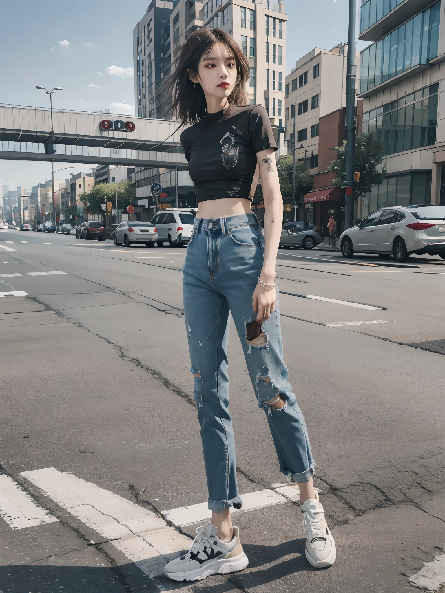 best qualtiy,Have on the street,one-girl,Fashion model,Back shadow,Slender and slender figure,Skinny,As thin as a whipping post,Smaller bust,bangle,cigarettes,with tattoos。athletic sneakers,denim pant,The legs are dirty,Girls excrete feces in their pants,Brown viscous substance,Perverted,nausea,artist wearing dirty,Wear dirty pants,excrement, vomit,polution,Dirty legs,Dirt stains cov