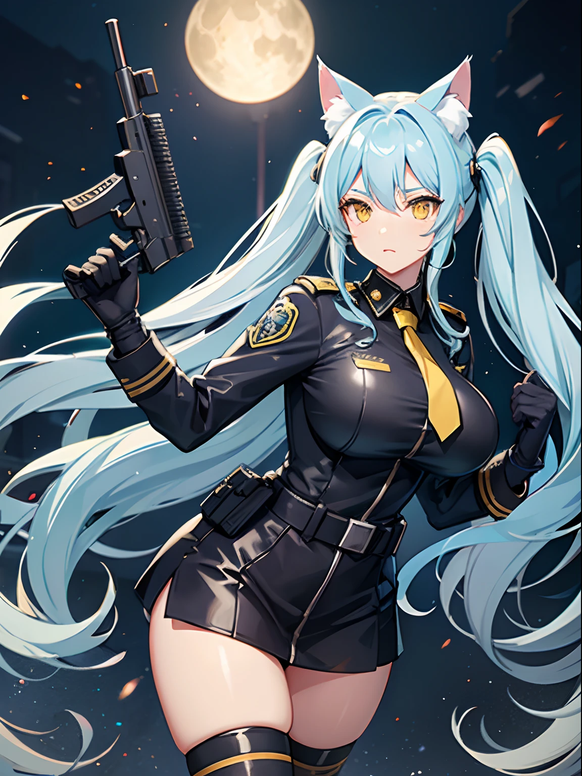 Long Hair, Twintail, Light Blue Hair, Yellow Eyes, Cat Ears, Big Boobs, Tight Police Uniform, Nighttime, Holding A Helmet, Wearing Black Gloves