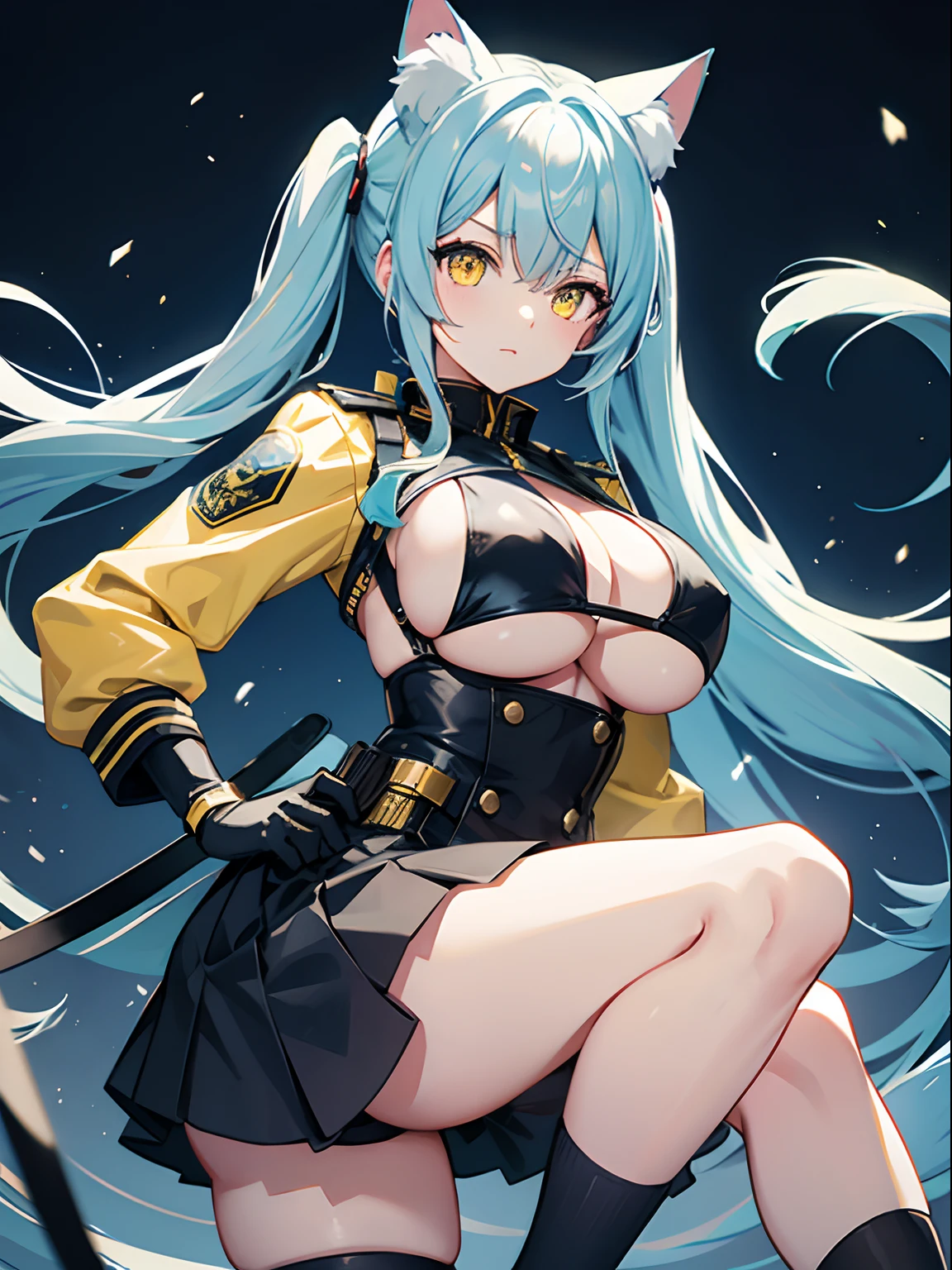 Long Hair, Twintail, Light Blue Hair, Yellow Eyes, Cat Ears, Big Boobs, Tight Police Uniform, Nighttime, Holding A Helmet, Wearing Black Gloves