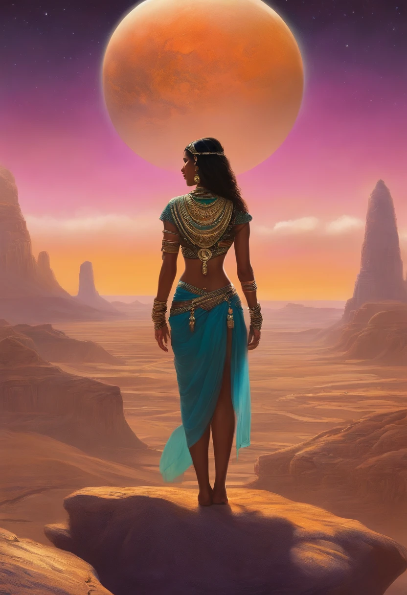 sketch of a Rajasthani woman standing in front of a painting of a planet, futuristic city in background, psytrance artwork, interconnected human lifeforms, close view of girl, progressive rock album cover, dream of the endless, star dust, galaxy, stoner rock, pastels, by harry bush, James Montgomery Flagg and Lois van Baarle and jim french and rossdraws, detailed realistic eyes, big bare feet, large bulge in crotch, very hot, beautiful --ar 16:9 --v 5.1