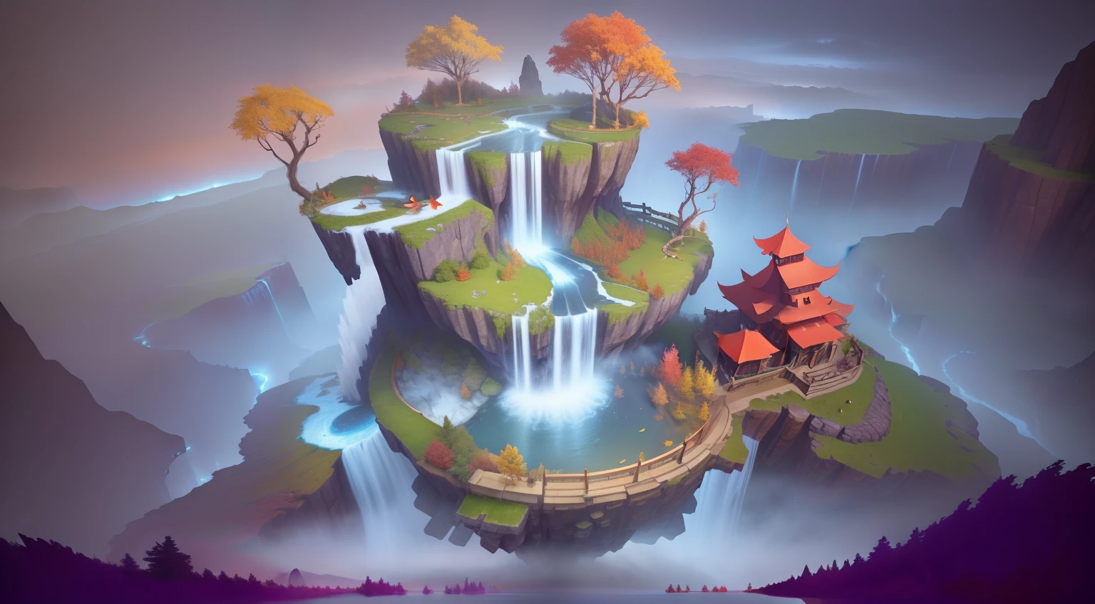 Arafed image of a waterfall in a fantasy world, Stylized concept art, Stylized game art, fantasy game art style, 3 d render stylized, stylized 3d render, painted as a game concept art, magical fantasy 2 d concept art, stylized as a 3d render, fantasy world concept, isometric island in the sky,Autumn view,Late autumn nights。nighttime scene。Dead yellow meadow。Red maple leaves,The autumn breeze is shimmering,Fallen leaves。