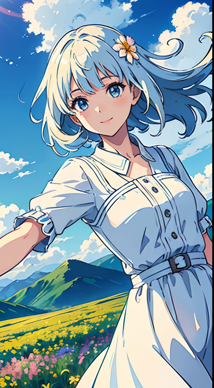1 Girl, Dynamic Angle, Clouds and Mountains, (Flower Field: 1.4) in the foreground, White dress, Light tracing, (Floating Colorful Wind: 1) (Realistic: 1.4), Official Art, Unity 8k wallpaper, Ultra detailed, Beautiful and beautiful, Masterpiece, Best Quality, Glow Skin, Movie Lighting, Light Smile