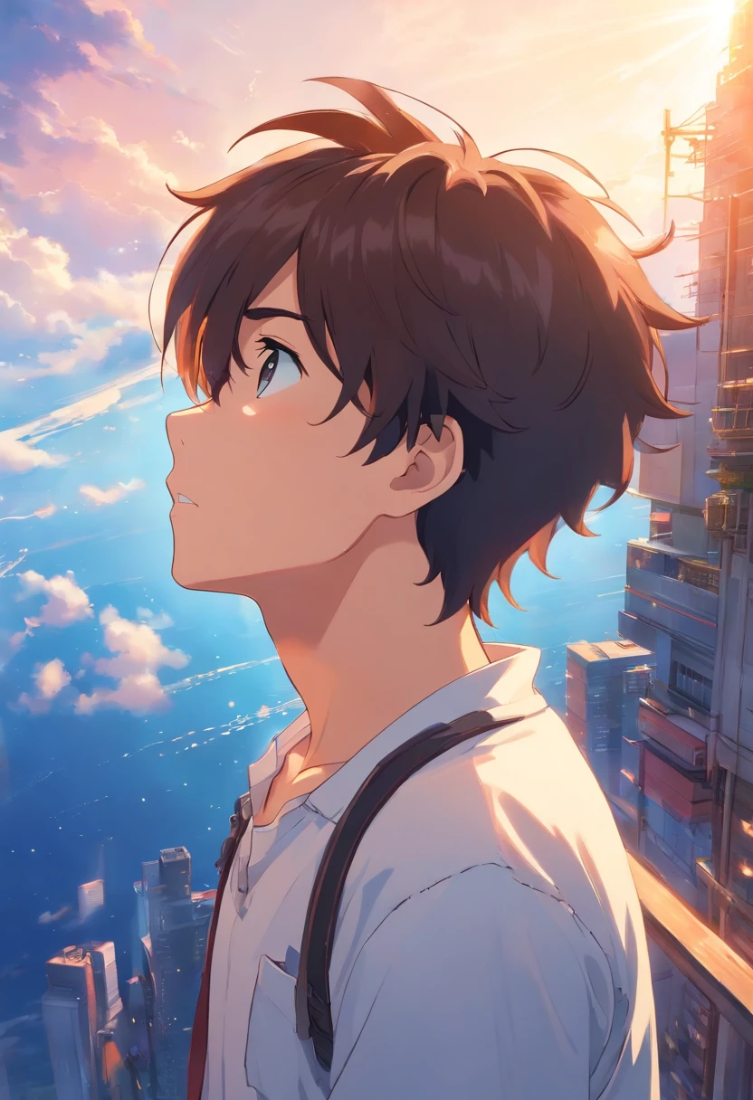 Looking up at the sky, 17-year-old boy in a white shirt, Eyes closed Thinking wish