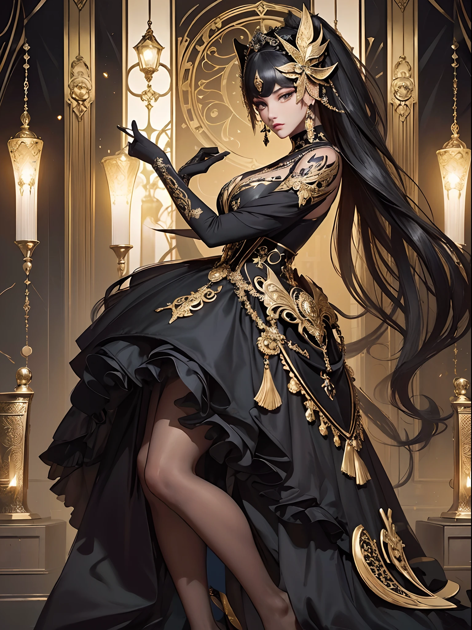 Black and gold tones、Vibrant colors、((masterpiece)))、(((top-quality)))、((ultra-detailliert))、(A hyper-realistic)、(highly detailed CGillustration)、Official art、Venice at the beginning of the 20th century、Decadent、Madame Papillon、Masquerade、Elegance、Masks that cover most of the face、Colorful and detailed mask design、matchless beauty、Fans、gorgeous dress、jewely、Perfect Angle、perfect-composition、full body Esbian
