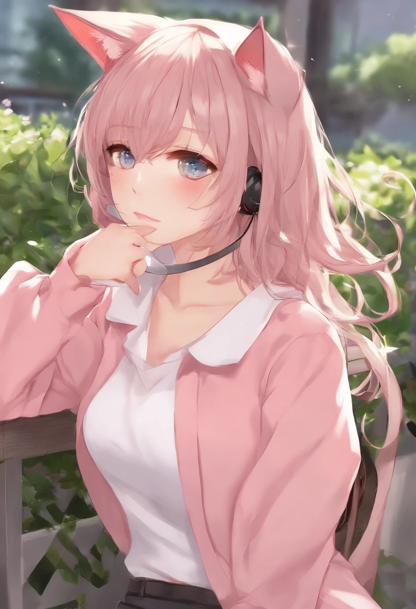 Anime girl with cat ears and pink shirt, an anime drawing by Kamagurka, pixiv, furry art, anime catgirl, cute anime catgirl, beautiful anime catgirl, anime cat, Anime girl with cat ears, catgirl, Nekomimi, attractive cat girl, with index finger, Very Beautiful Anime Cat Girl、radio、Streaming Now、desk、a chair、head phone、personal computers、natta、inside in room