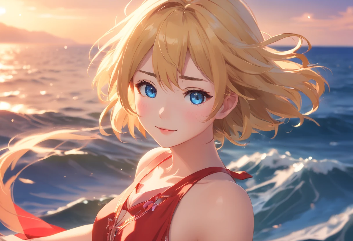 (best quality,4k,highres),(realistic:1.37),ultra-detailed,professional,vivid colors,bokeh,[portrait],golden hair,blue eyes,beautiful detailed eyes,beautiful detailed lips,soft smile,dainty red dress,Amber Sea dance