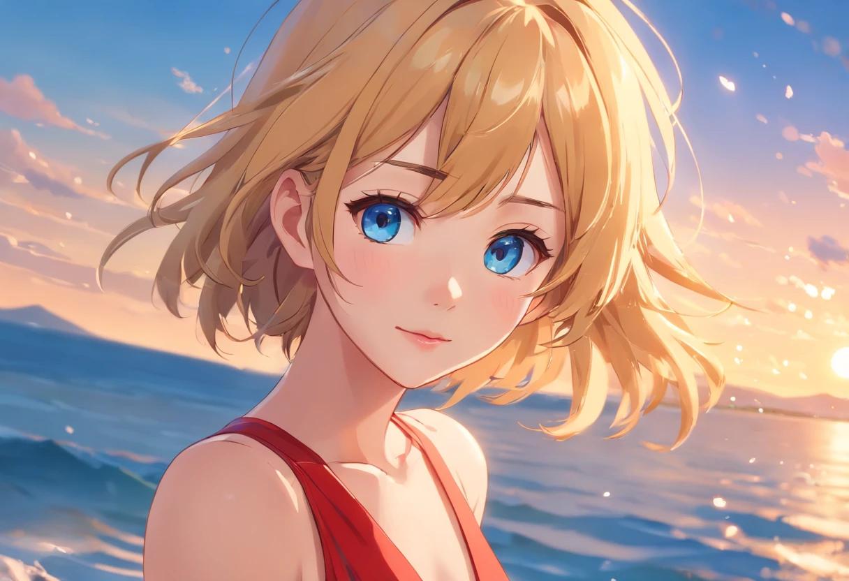 (best quality,4k,highres),(realistic:1.37),ultra-detailed,professional,vivid colors,bokeh,[portrait],golden hair,blue eyes,beautiful detailed eyes,beautiful detailed lips,soft smile,dainty red dress,Amber Sea dance