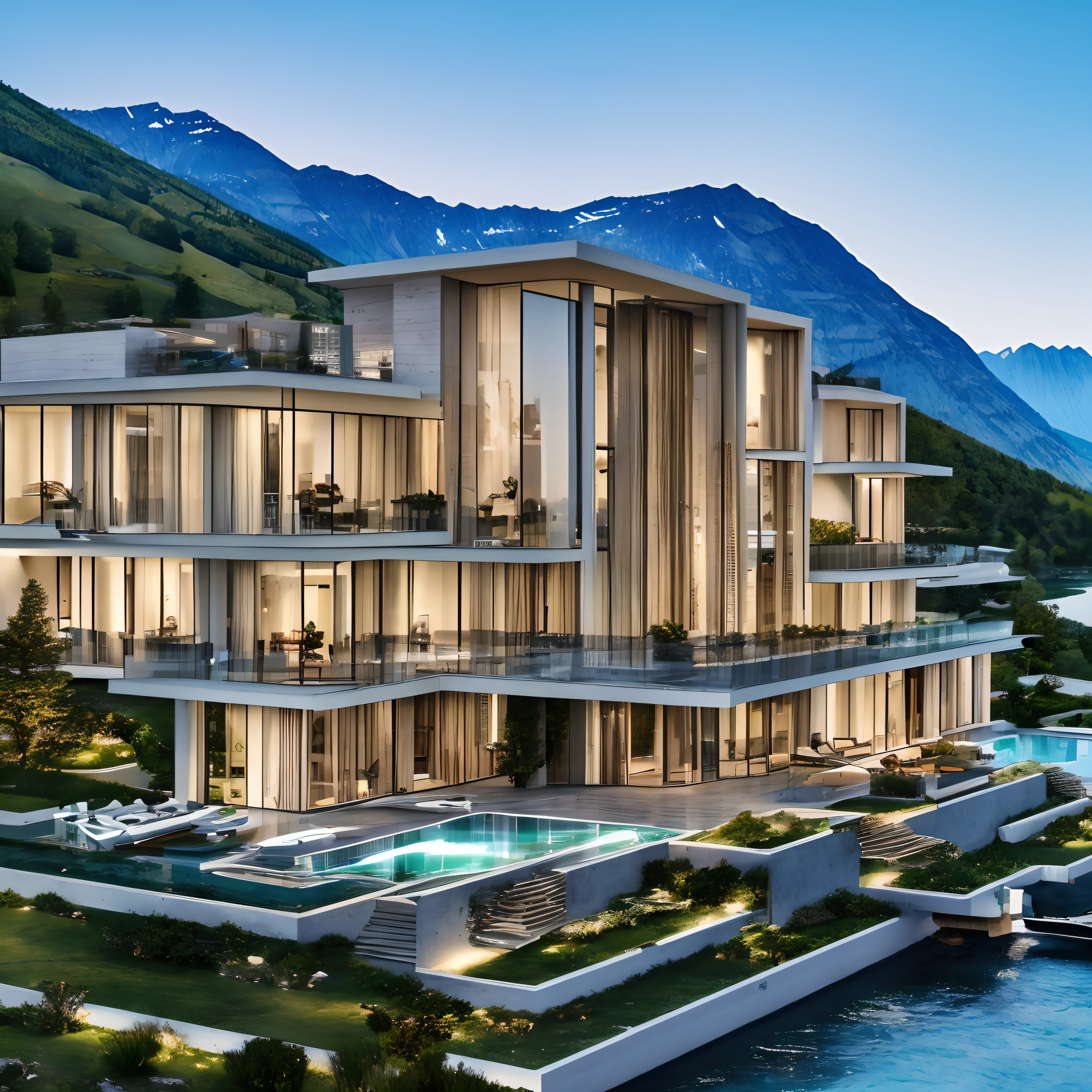 High definition raw photo, Realistic architecture, Modern mansion, Building at hill, surrounded by mountains,beautiful river