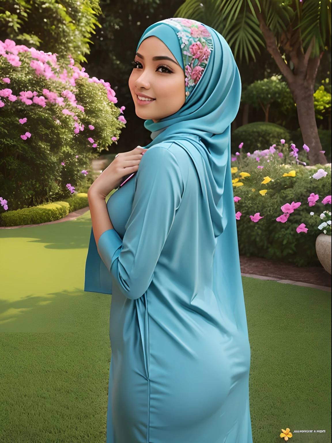 RAW, Best quality, high resolution, Masterpiece: 1.3), Beautiful Malay woman in hijab, Masterpiece, Perfect slim body, ((Big breasts 1.6)), Beautiful big eyes, water eyes, Soft smile, (wearing baju kurung), smiling, windy, skin details, skin texture details, wide hips, thick thighs, sexy body, morning time, laughing, happy, bright sunlight, kitchen path, blurred background, bokeh,