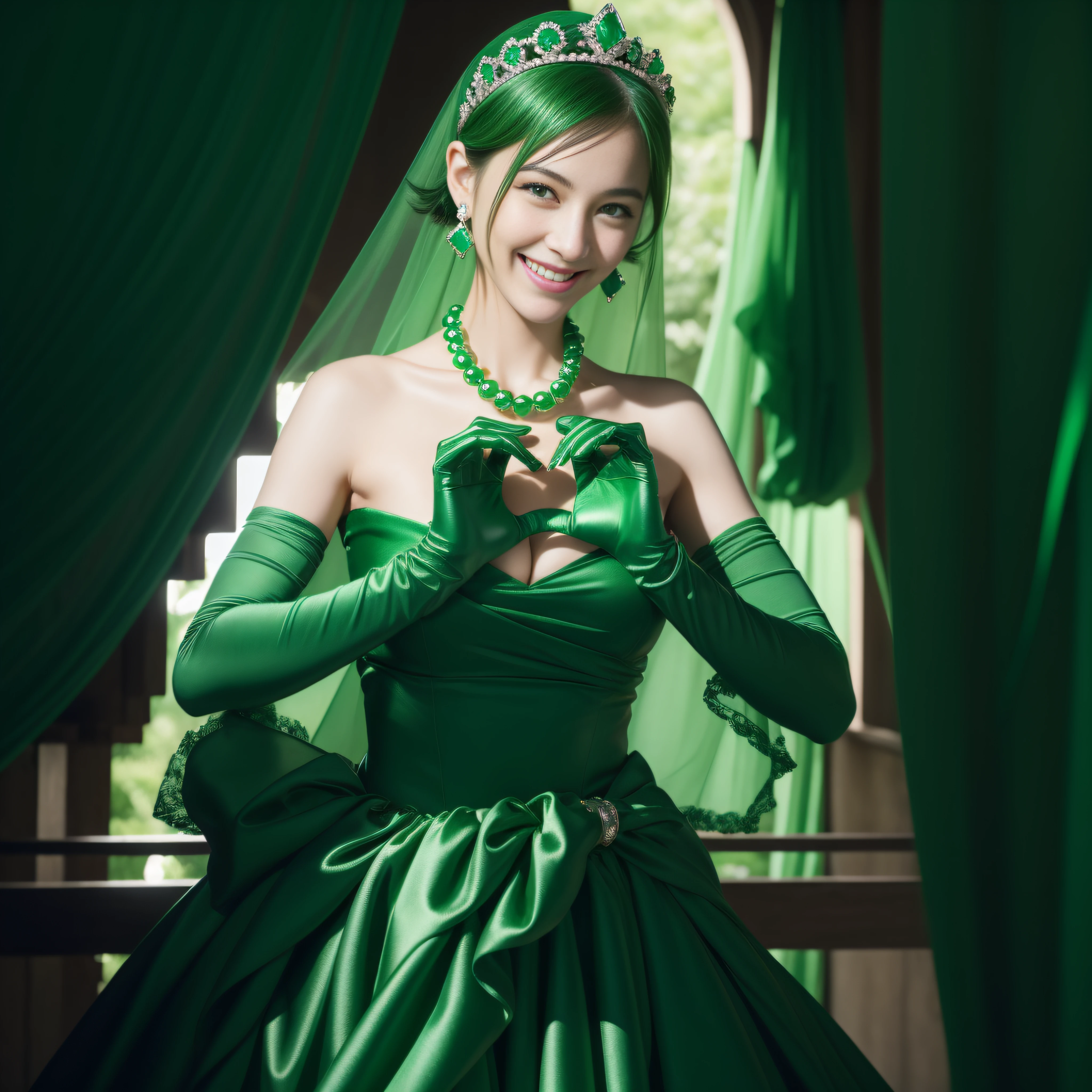 emerald tiara, Green Pearl Necklace, Boyish very short green hair, lipsticks, Japan woman smiling, very short short hair, big breasts beautiful, Green eyes, Long green gloves made of satin material, Green eyes, Emerald Earrings, green vale, Heart with both hands