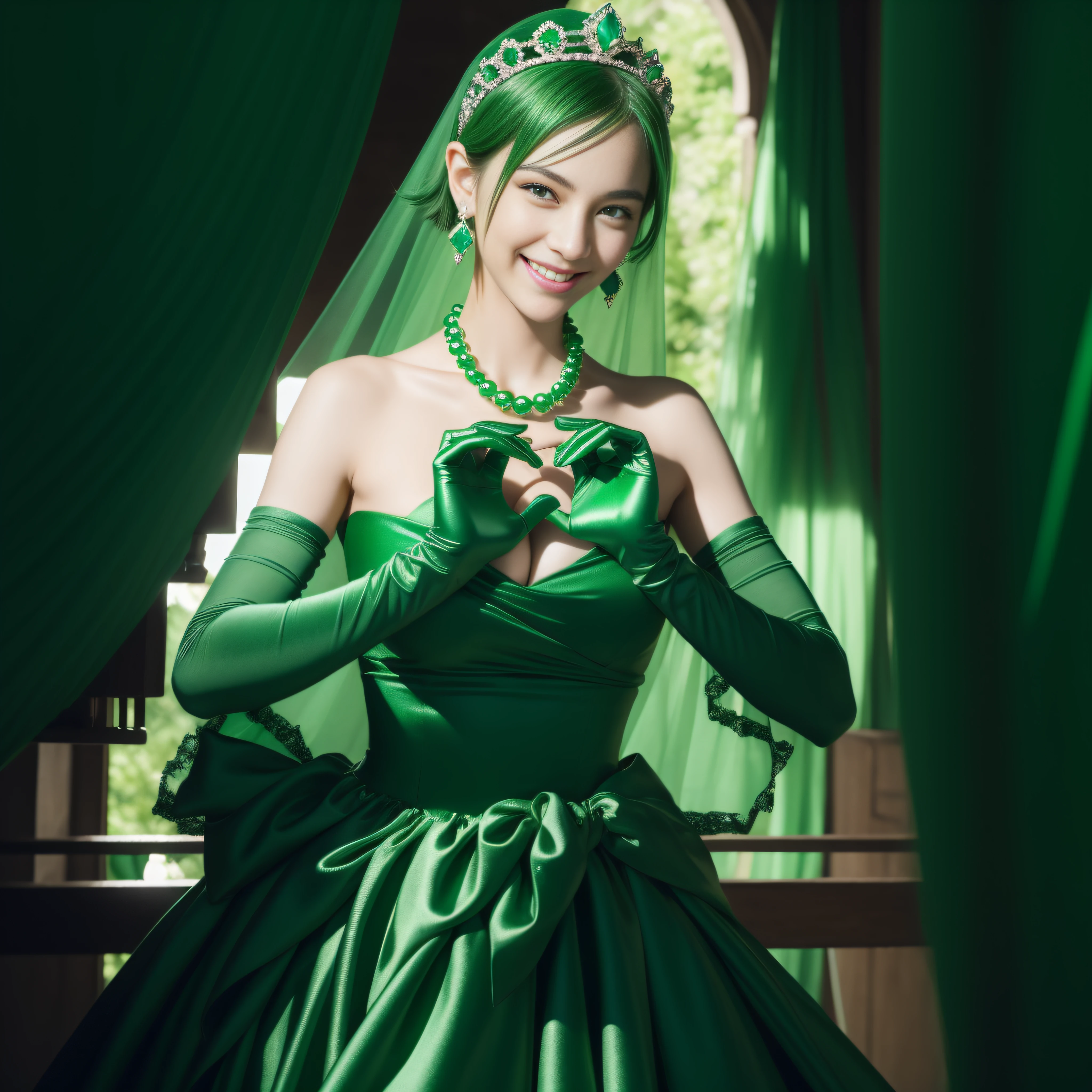 emerald tiara, Green Pearl Necklace, Boyish very short green hair, lipsticks, Japan woman smiling, very short short hair,  big breasts beautiful, Green eyes, Long green gloves made of satin material, Green eyes, Emerald Earrings, green vale, Heart with both hands