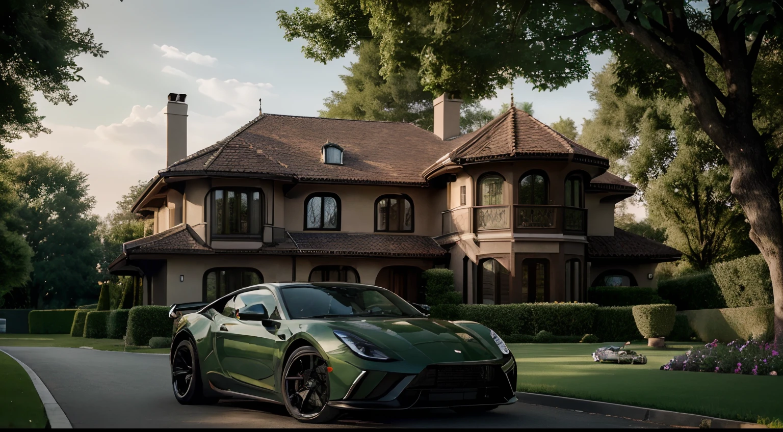 (best quality,4k,8k,highres,masterpiece:1.2),ultra-detailed,realistic,photorealistic:1.37,luxurious villa,sports car,parked in front,evening sun,green grass,trees,illustration style