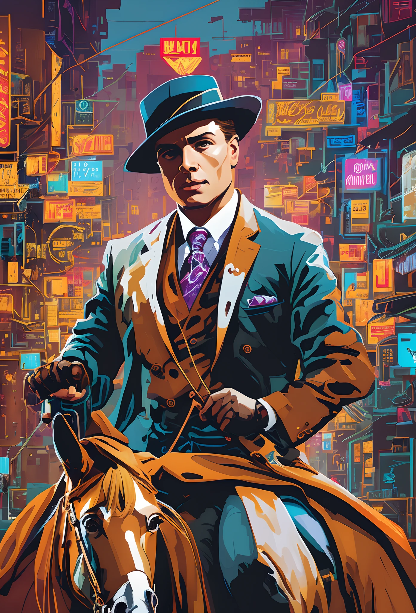 Painting of a Man in Suit and Hat Riding a Horse, in style of digital illustration, Highly detailed vector art, Portrait de Martin Ansin, Street Art 8 K, colourful movie art, inspired by Max Magnus Norman, inspired by Frank Xavier Leyendecker, in the style of digital painting, Works of art of very high quality, inspired by Marius Borgeaud