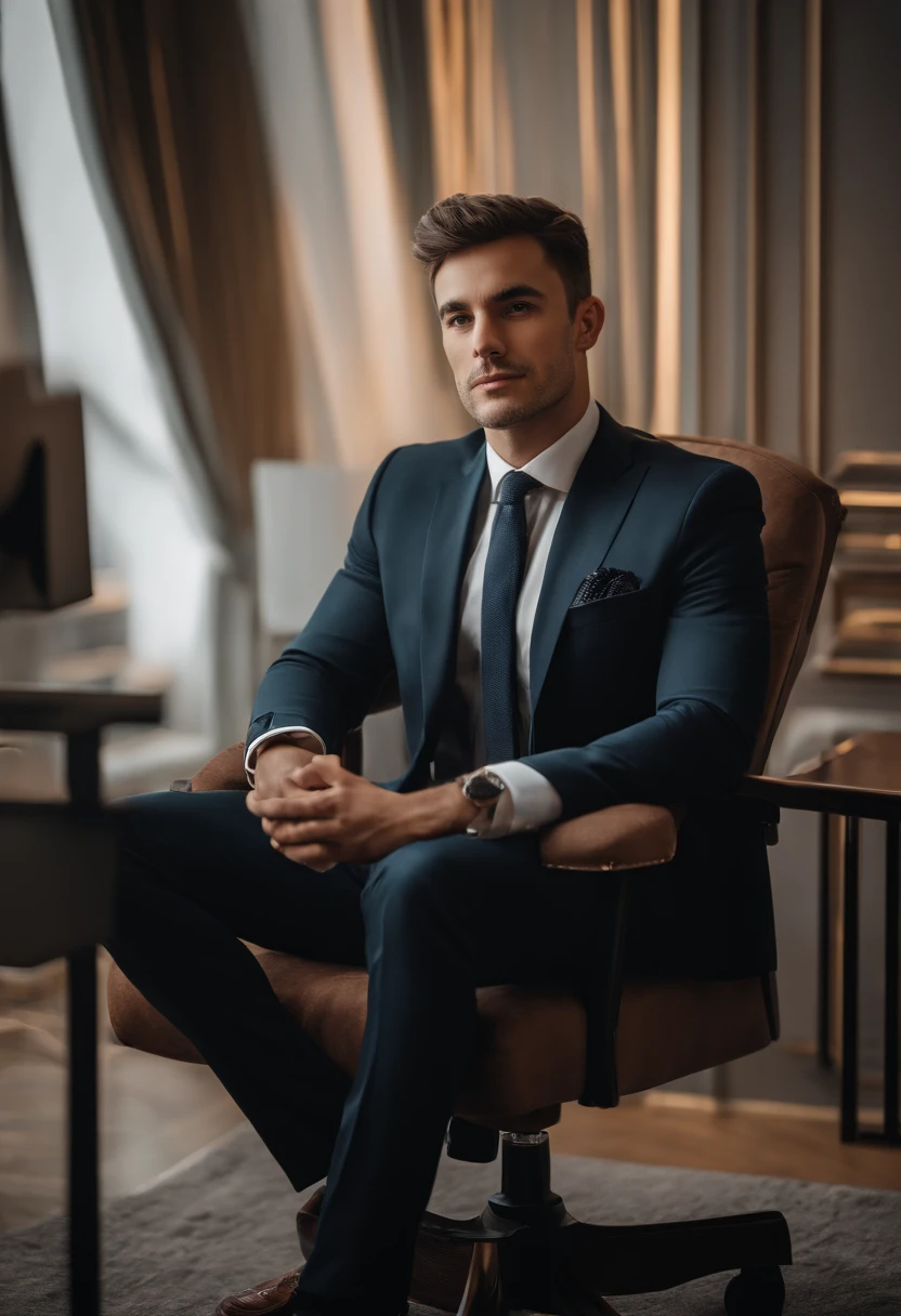 Arafed man in a suit sitting in a chair in front of a computer, ceo, portrait featured on unsplash,professional portrait hd, cgtrader, f 1 driver charles leclerc, sitthing at his desk,twitch streamer, professional profile picture, gigachad portrait portrait of gigachad,  wearing black business suit, photo of a man