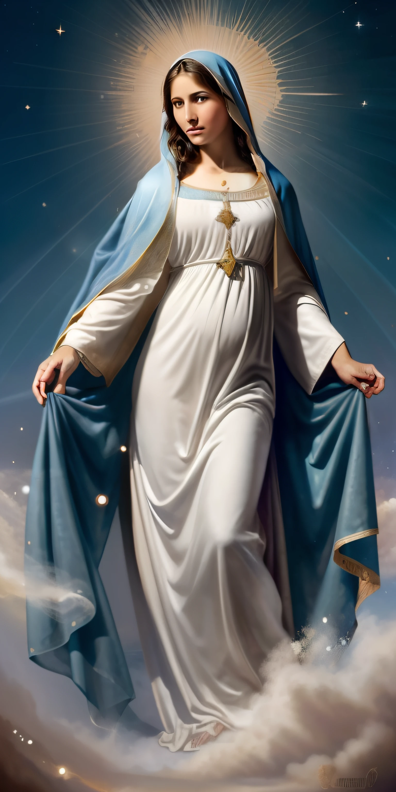 (((Blessed Virgin Mary))) Luminoso, en estilo similar al del artista WILLIAM ADOLPHE BOUGUEREAU, obra maestra, (La mejor calidad: 1.2), (super fine: 1.2), illustration, (extremadamente delicado y hermoso: 1.2), movie angle, flotante, (Hermoso ojo de detalle: 1.1), (detalle luz: 1.1), Movie Lights, Cielo delicado, ojos azules, (Cola de caballo alta: 1.1), capa, ojuelos, cielo estrellado, (light particles: 1.1) dibujo, flor. (obra maestra), (La mejor calidad), (fotorrealista:1.3), 8k, Textura detallada de la piel, Textura detallada de la tela, hermosa cara detallada, Detalles intrincados, ultra detallado (cuerpo de cuerpo entero:1.2)