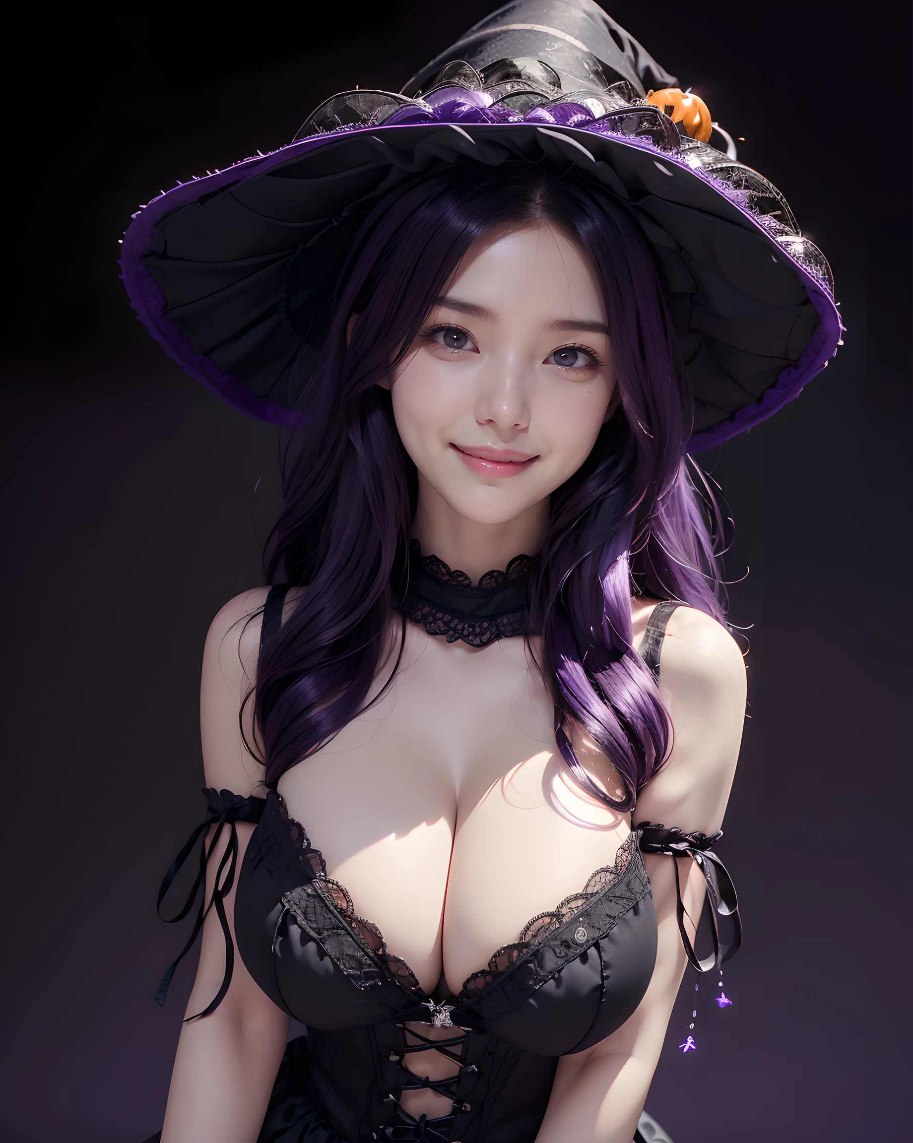 (simple black background:1.5), (Halloween theme:1.3), upper body portrait of a very busty beautiful woman wearing overbust lace corset, ultra detailed embroidery lacy corset, frilled lacy short skirt:1.3, detailed clothes, (full lacy purple witch hat:1.3), BREAK, (;D1.3, happy evil smile:1.2)), perfect face,perfect eyes,HD details,high details,sharp focus,studio photo,HD makeup,shimmery makeup,celebrity makeup, (bust up image:1.5), ((centered image)) (HD render)Studio portrait,magic, magical, fantasy,(huge breasts)(large breasts),(big breasts),(sagging breasts), wavy curly hair:1.3, (purple hair:1.3), (front view:1.3), from below, low angle,