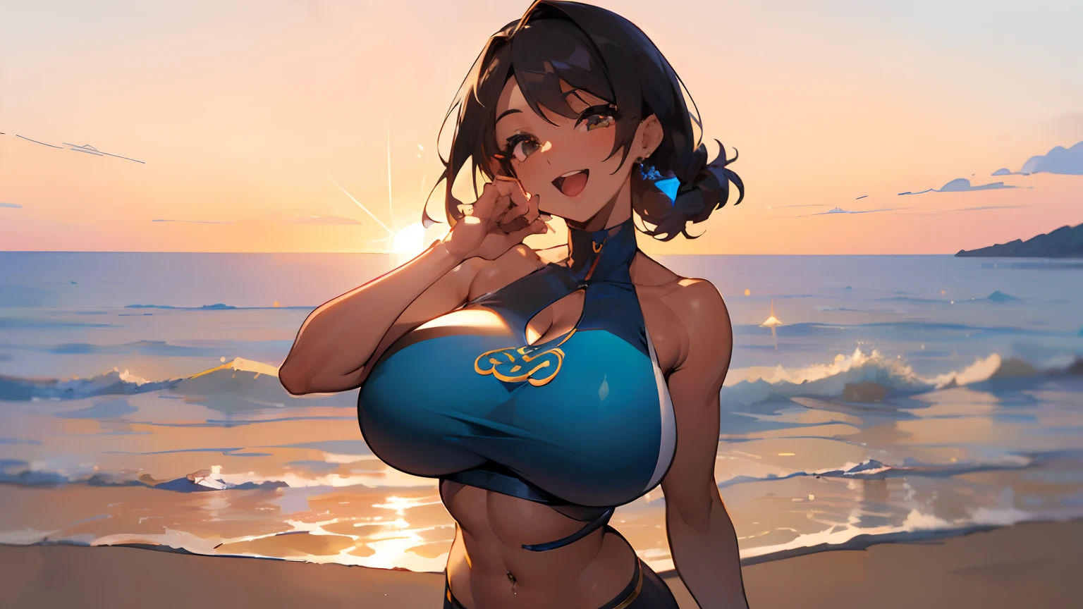 ((top-quality、8K,masterpiece:1.3))、foco nítido:1.2、(Beautiful woman with perfect body shape:1.4),A slight smil,silber hair、 (abdominals:1.2),((huge-breasted:1.4))、(Sway Back Stance:1.3),Kanzashi、(Tank tops:1.1)、(piercings:1.3)、wine bottle、Beautiful sunset beach、Highly detailed facial and skin texture、A detailed eye、二重まぶた、(Huge breasts:1.3),(Big ass),(thick thight:1.3),Open mouth and happy smile,(Brown skin tone:1.4),(skin tanned:1.4)、5Fingered hand、Perfect light、Happy smile with open mouth in ecstasy,,Beautiful and sparkling sea、Beautiful sunset