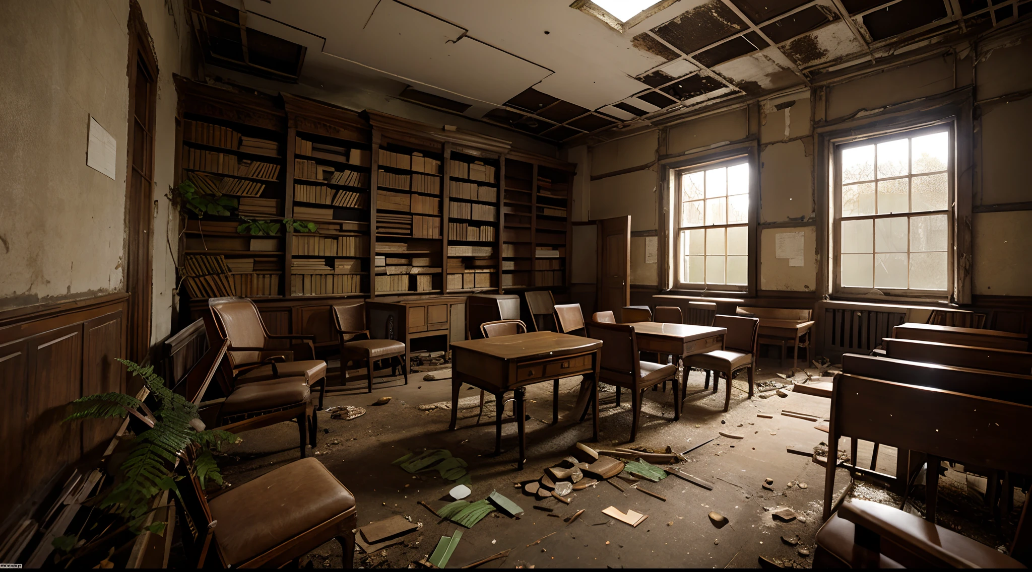 ferns growing around one chair inside a high detailed abandoned library
