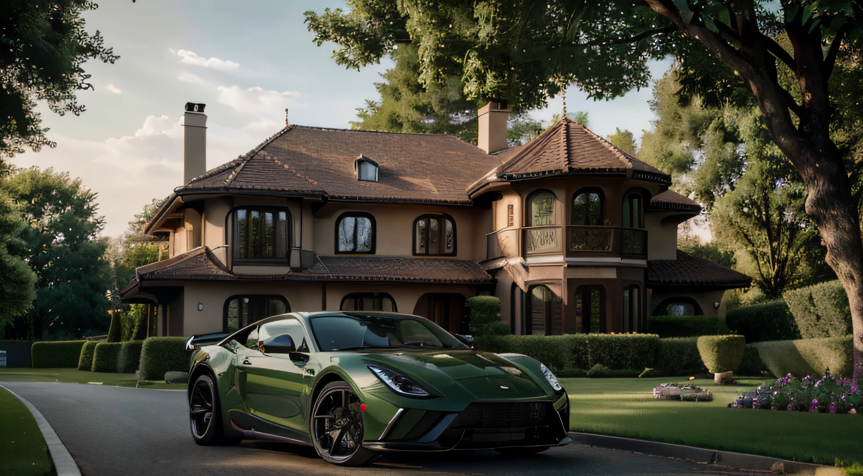 (best quality,4k,8k,highres,masterpiece:1.2),ultra-detailed,realistic,photorealistic:1.37,luxurious villa,sports car,parked in front,evening sun,green grass,trees,illustration style