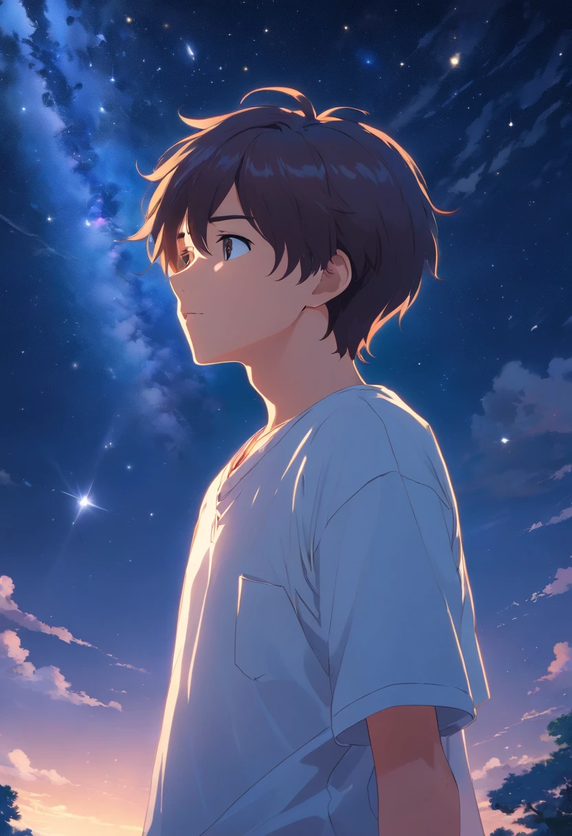 Look up at the starry sky, 17-year-old boy in a white shirt, Eyes closed　wish　Thinking
