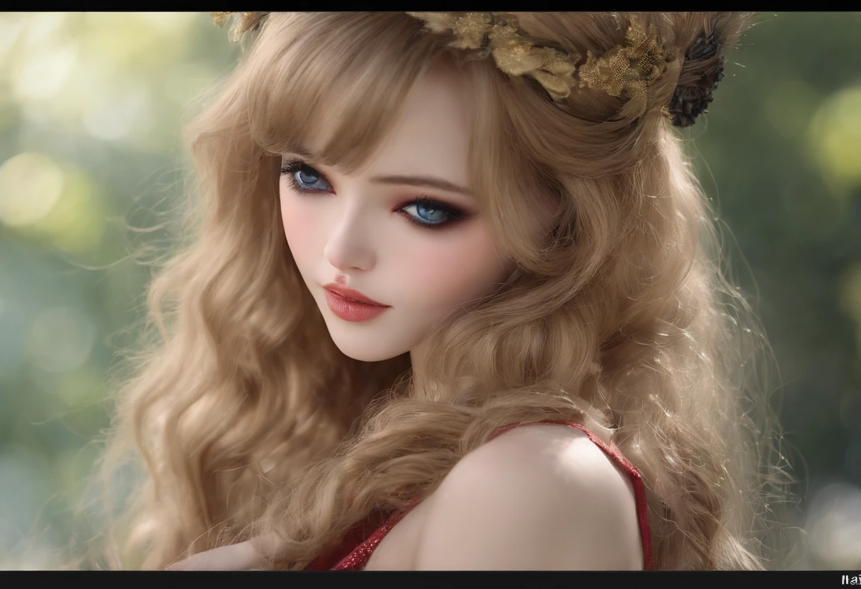 (best quality,4k,highres),(realistic:1.37),ultra-detailed,professional,vivid colors,bokeh,[portrait],golden hair,blue eyes,beautiful detailed eyes,beautiful detailed lips,soft smile,dainty red dress,Amber Sea dance, long flowing hair