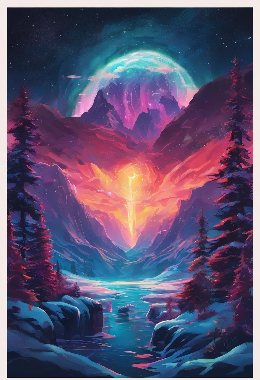 partial underwater shot, Polar opposites, Motion blur, Sparkle, god light, back lit lighting, dither, hyper HD, ccurate, Masterpiece, High details, High quality, Super detail, Best quality, Award-Awarded, A high resolution, 8K，Look up， Three-part system
（Northern Lights in the night sky），（verdure：1.1），（Violet light:1.2），（Yellow），（Red）
Pitch black night sky，Towering snow-capped mountains，The earth was covered with snow，（Icebergs in the distance:0.8），（An island floating in the sea：1.1），Auroras also illuminate the ocean beneath the ice，It animates the entire ocean。Silence and mystery，Colorful beams of light streak across the sky，Beams of light poured down like a waterfall，Bloom like fireworks，Like a whirlpool，The snow-capped earth is illuminated，It's as if it's covered in a golden coat。