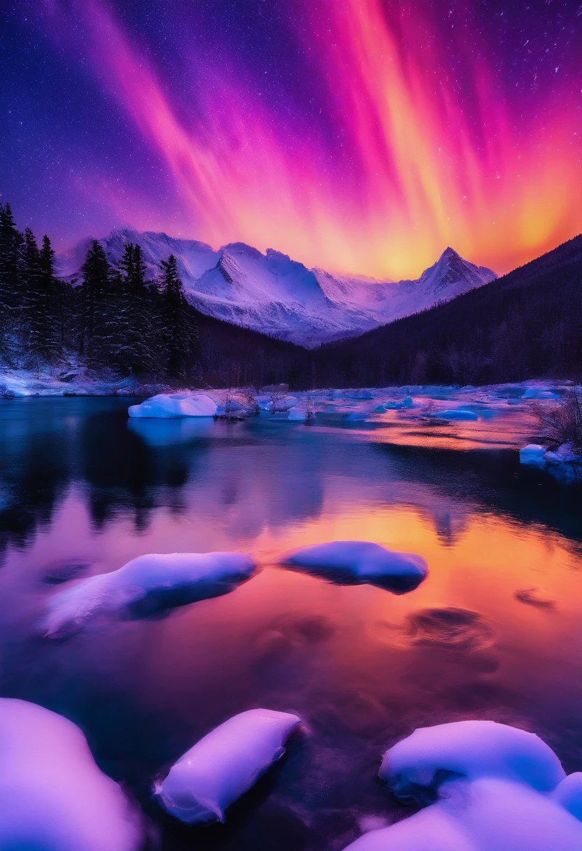 partial underwater shot, Polar opposites, Motion blur, Sparkle, god light, back lit lighting, dither, hyper HD, ccurate, Masterpiece, High details, High quality, Super detail, Best quality, Award-Awarded, A high resolution, 8K,Look up, Three-part system
(Northern Lights in the night sky),(verdure:1.1),(Violet light:1.2),(Yellow),(Red)
Pitch black night sky,Towering snow-capped mountains,The earth was covered with snow,(Icebergs in the distance:0.8),(An island floating in the sea:1.1),Auroras also illuminate the ocean beneath the ice,It animates the entire ocean。Silence and mystery,Colorful beams of light streak across the sky,Beams of light poured down like a waterfall,Bloom like fireworks,Like a whirlpool,The snow-capped earth is illuminated,It's as if it's covered in a golden coat。