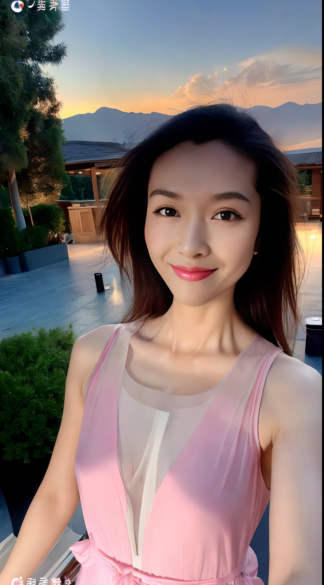 8k, masterpiece, RAW photo, best quality, photorealistic, extremely detailed CG unity 8k wallpaper, Depth of field, Cinematic Light, Lens Flare, Ray tracing, (extremely beautiful face, beautiful lips, beautiful eyes), intricate detail face, ((ultra detailed skin)) 1girl, in the dark, deep shadow, pretty Asian girl, idol,(very slim slender fit-muscled body:1.3), ((looking at viewer)),(big smile:1.3), (cityscape, blurry background), (dim lights, rooftops, veranda), pretty girl, earrings, bracelets, necklace, clear eyes, walking , front shot, (pale skin), face forward, (big eyes), ((full body shot)), ((black silk Laced)), ((see-through red color sleep gown:1.3)), (brown hairs) (looking at viewer:1.3), (laced panty), open breast, medium breasts, have a sheen , (See through, pink sleeping gown :1.3), veranda