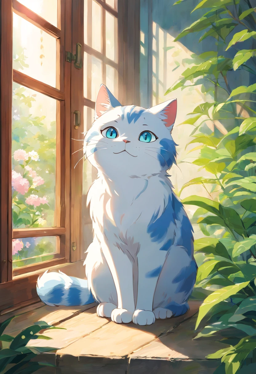 Anime cat sitting on a window sill looking out at the sun - SeaArt AI
