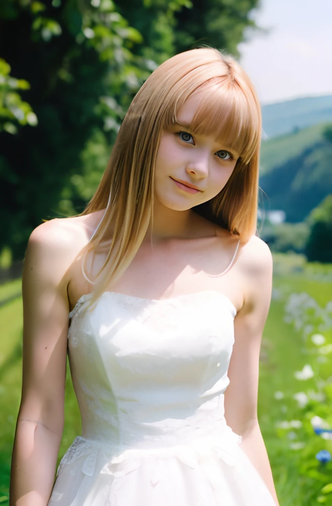 A girl,16 year old,european countryside,blonde,bangs bangs,pretty face,wedding dress,thick muscular arms