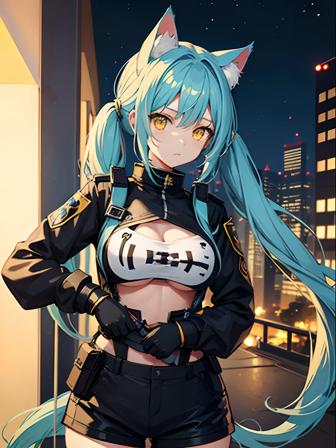 Long Hair, Twintail, Light Blue Hair, Yellow Eyes, Cat Ears, Cat Tail, Big Boobs, Tight Police Uniform, Nighttime, Holding A Helmet, Wearing Black Gloves