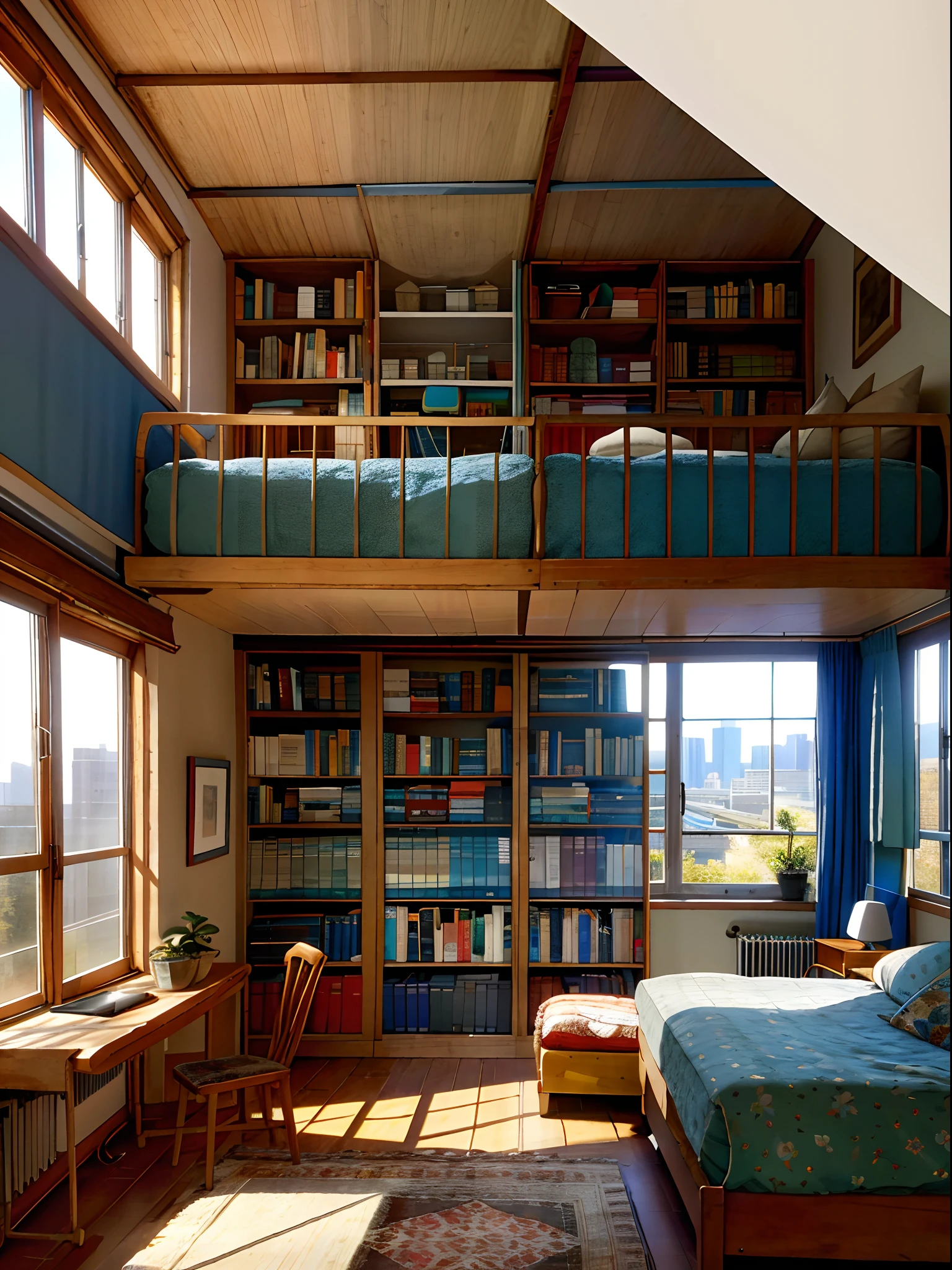 8K picture quality,Best quality at best,tmasterpiece,k hd,Super rich detail,Detailed pubic hair,Cosy bedroom,Big windows,floor to ceiling window,Big bed,There were pillows on the bed,quilt,The clothes ar,laptop,There is a cabinet next to it,There are bookcases,There is a desk,There are chairs,There are flowers,There is a wardrobe,There was a sofa,There are carpets,There are a lot of books,Overall very comfortable,extremely clean,Very informative,Big windows,The view from the window,There are various other flowers,and vegetable garden,There are a variety of vegetables inside,Ultra-high-definition realism,Live photos,Overall blue-green,Strong realism