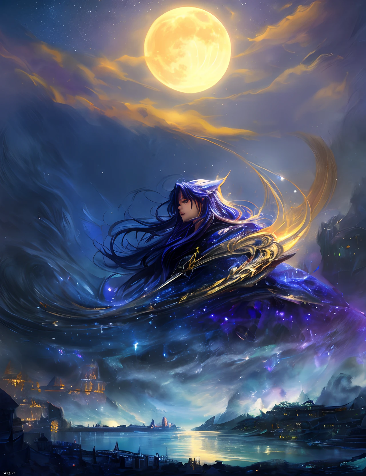 the met、Painting of a river with stars and moon in the sky、the met、Shining skyscrapers、Shine across the board、Skyscrapers、Concept art inspired by Mitsuoki Tosa、pixiv contest winners、top-quality、Fantasyart、beautiful anime scene、Bright moon、Moonlit star environment、Dream painting、Anime Background Art、Fantasy landscape art、fantasy knight、anime backgrounds、background artwork、Fantastic art、atmospheric anime、starrysky、Detail has been enhanced。