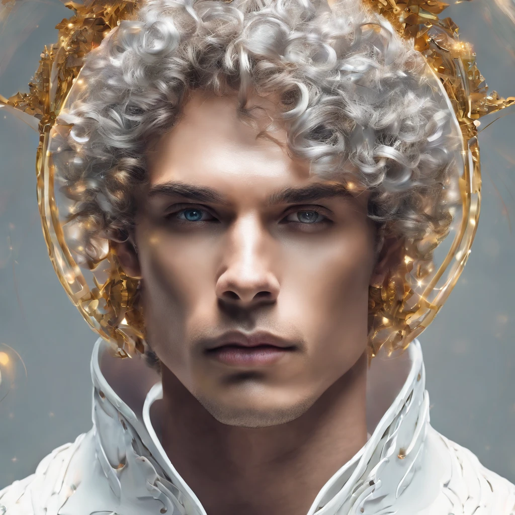 Man with short curly hair, White skin, Gray eyes, Definition and exercise body shape, White sci-fi costume with gold details, Look forward, self-assured,