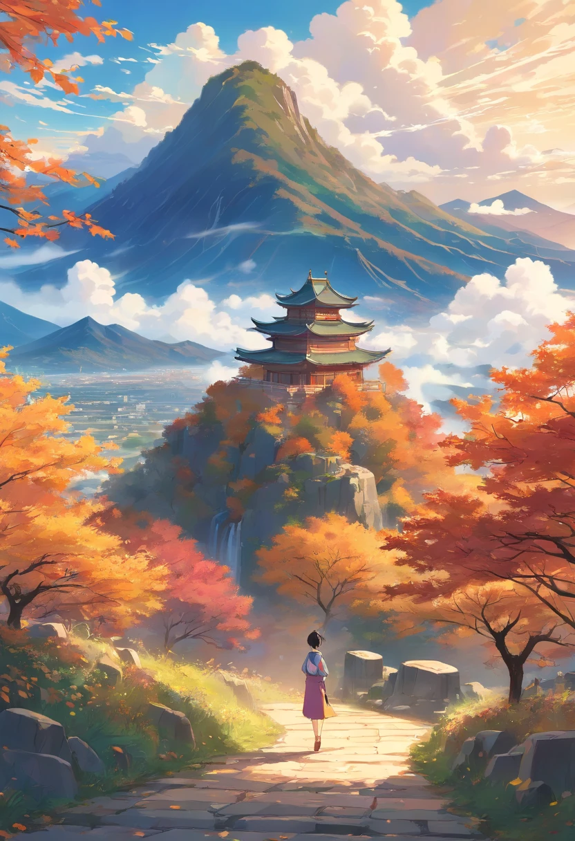 Graphic illustration in traditional Chinese style，Song dynasty style，autumnal，Changing clouds landscape。ultra-wide-angle，Epic，Works of masters，Numerous awards。blue colors，white colors，in pastel shades。
