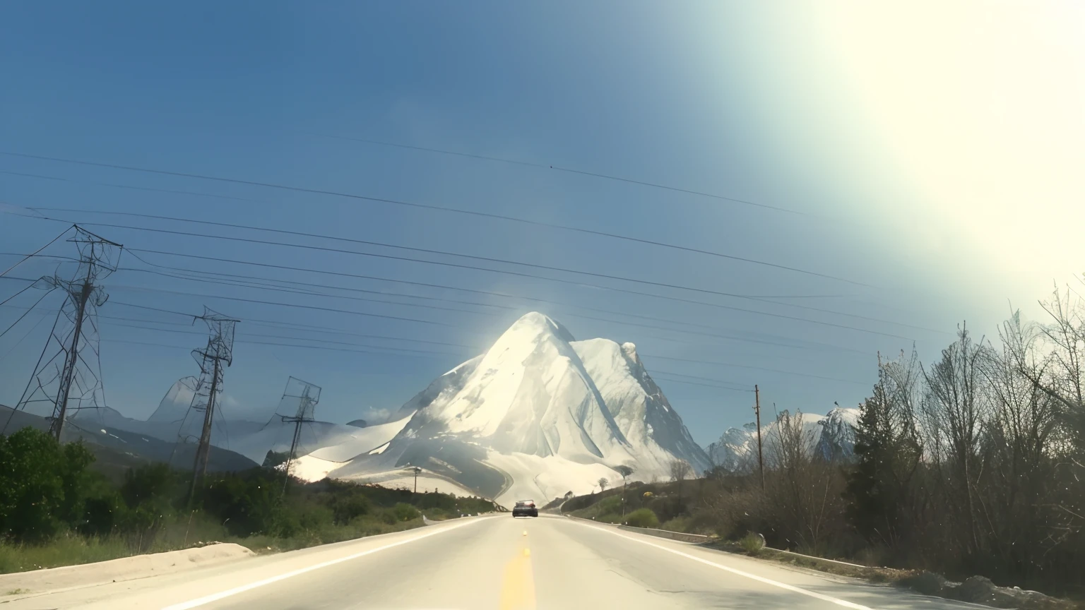 there is a car driving down a road with a mountain in the background, screenshot,turn in in 8k, realistic