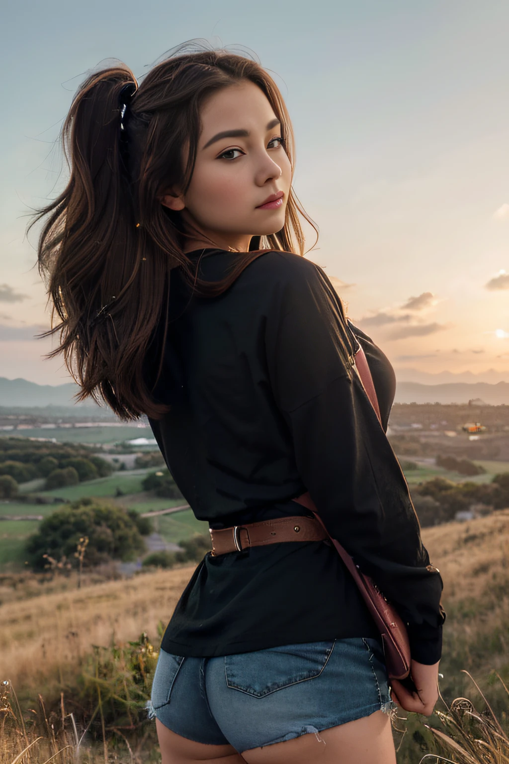 (Beautiful skyline,Magnificent sky),(Steep tension and dramatic picture,Impressive results),(the high-hanging Polaris,Colorful natural light),(1girl),(A long-sleeved top,Short shorts,Carrying a rucksack),(Dynamic pose:1.3,黑The eye,Black Hime's hair,Sparkling maiden)[:0.8],(Large grasslands),(Oncoming breeze),(Brown hair in harmony with background:1.2),(Close-up,Vision mash-up)[::0.9]
信息