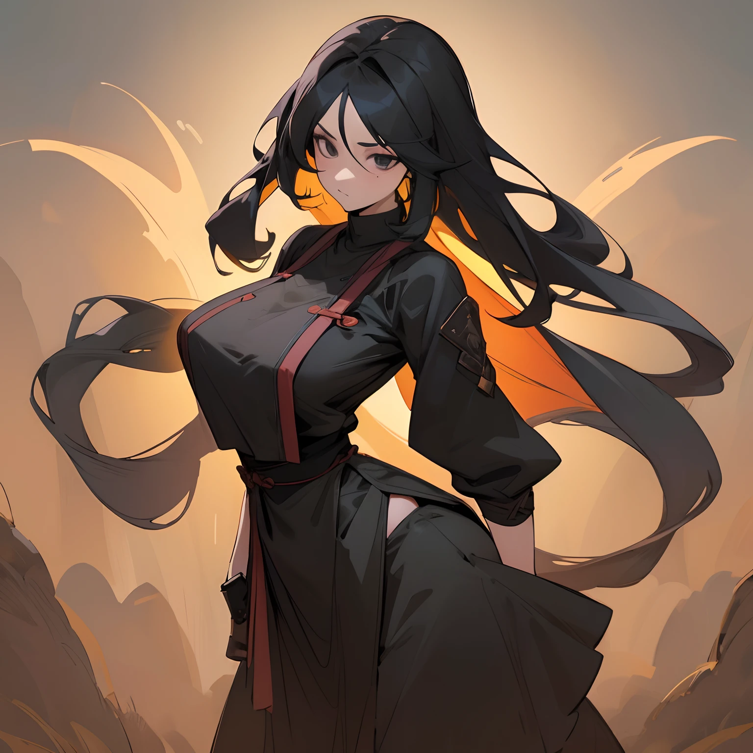 black hair,long wavy hair,detailed black clothing,ninja clothing,somber expression,detailed black eyes,sunny village background,standing on path,adult,big boobs,big butt,(best quality,4k,8k,highres,masterpiece:1.2),vivid colors,warm color tones,studio lighting