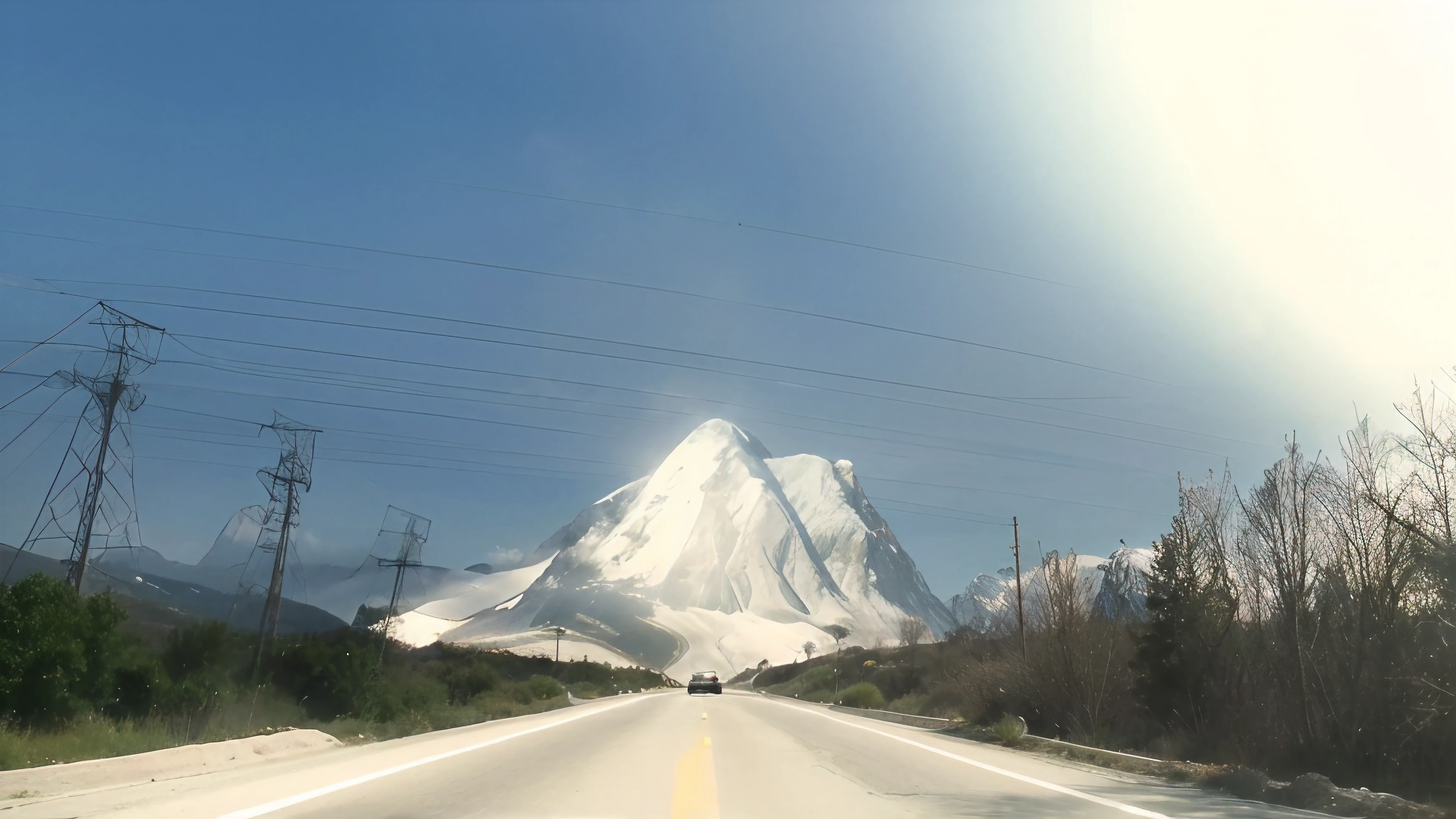 there is a car driving down a road with a mountain in the background, screenshot,turn in in 8k, realistic