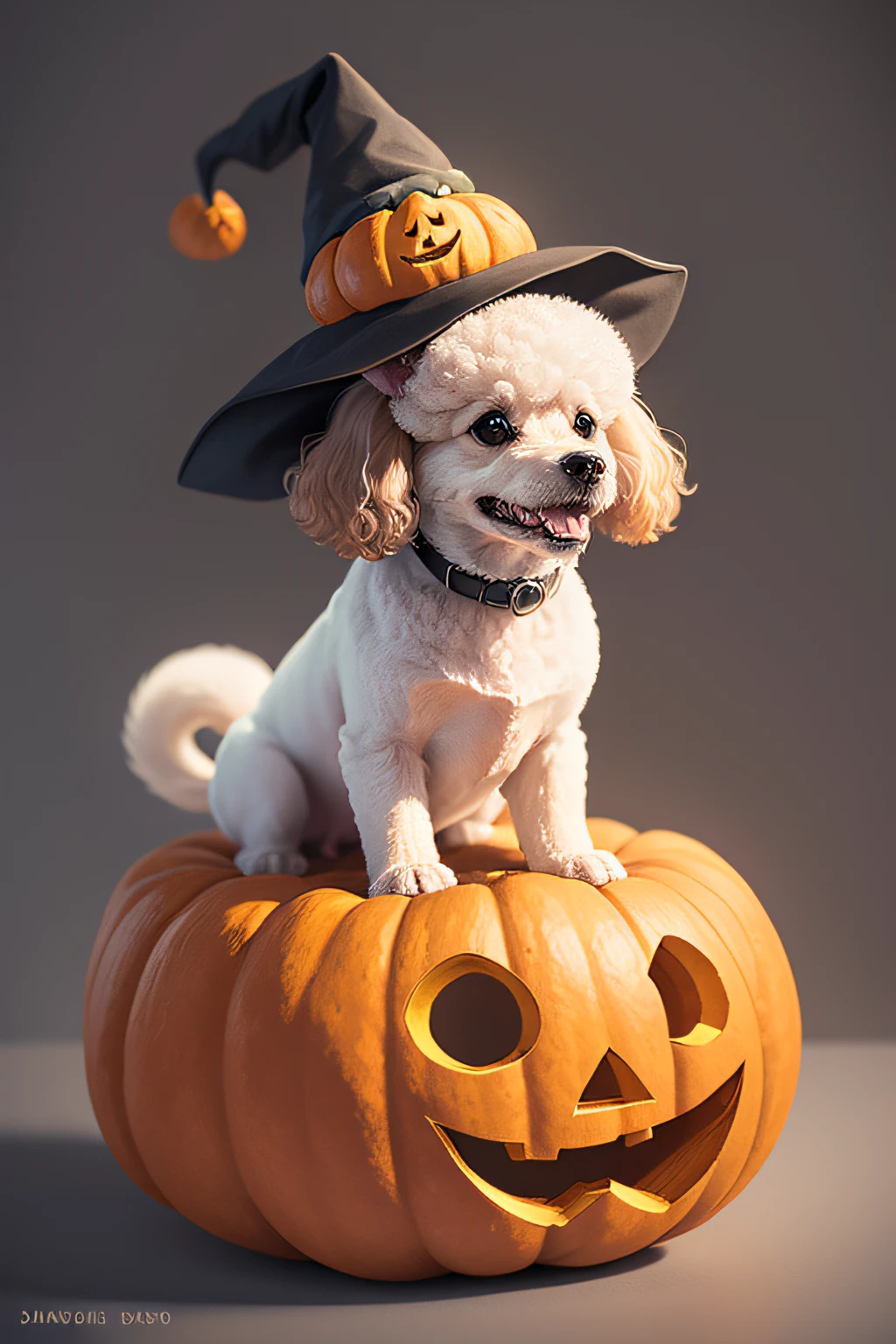 t-shirt design, minimalist, A happy white dog, Poodle, inside a carved pumpkin, with just its head popping out, wearing a tiny witch hat.