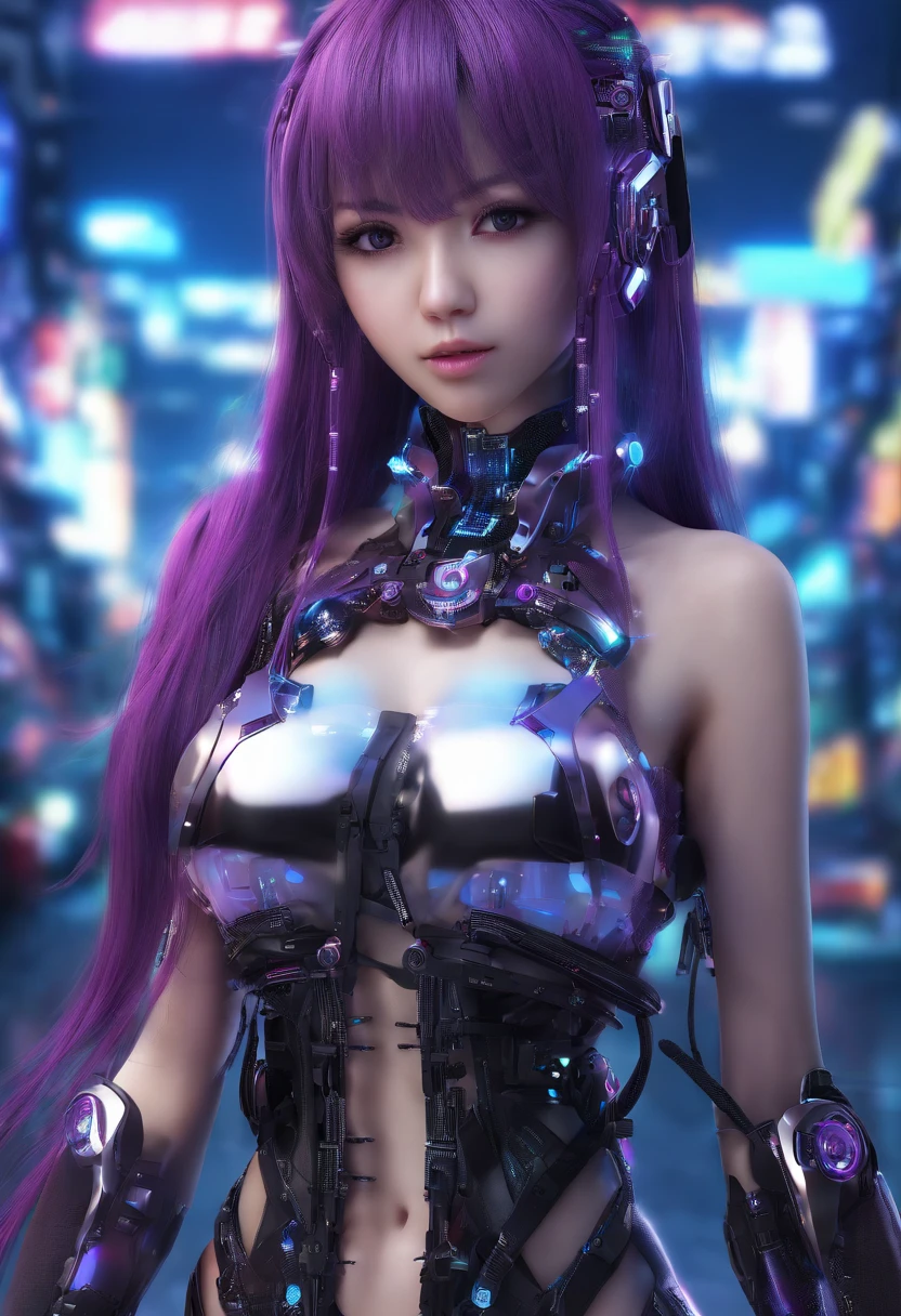 masutepiece, Best Quality, 超A high resolution,photon maping,Best Shadow,Portrait,Beauty details,Hyper High Detail,long purple hair,Single braid,Blunt bangs,medium breasts,city,Chinatown,Downtown,see through, Short dress, low chest:2, hair adornments, earrings, Necklace, Portrait, Silver dress:2, view the viewer,Solo,Professional Light, Detailed skin,