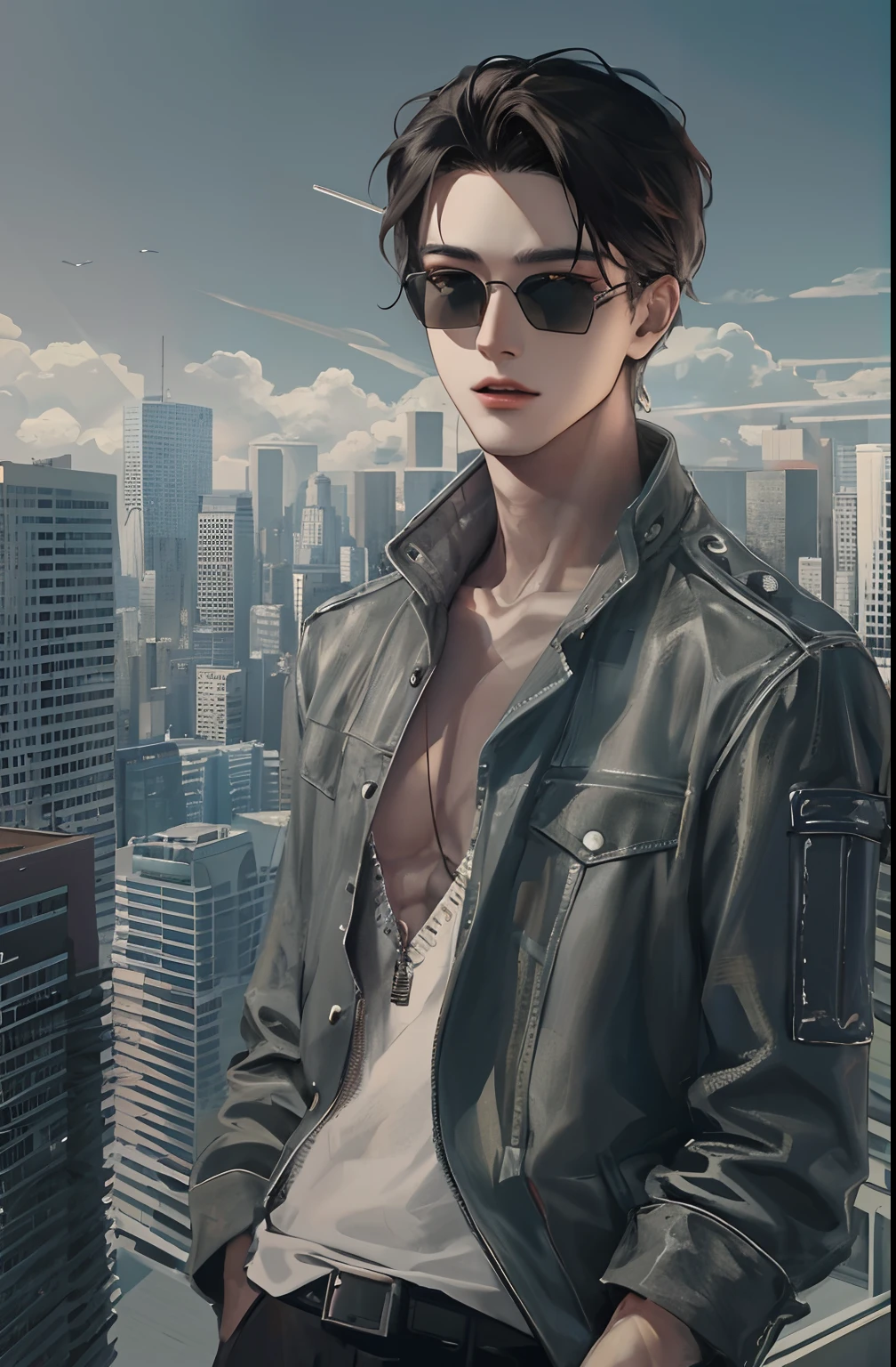 Depict the salient features of Korean boys in crisp HD graphics, He has amber eyes and a well-defined jawline, dressed stylishly, Modern attire，Accentuates his slim physique. His short film, Dark hair is designed in a modern way, Wearing sunglasses as he stands against the backdrop of a vibrant cityscape，Give him an air of confidence and charisma.