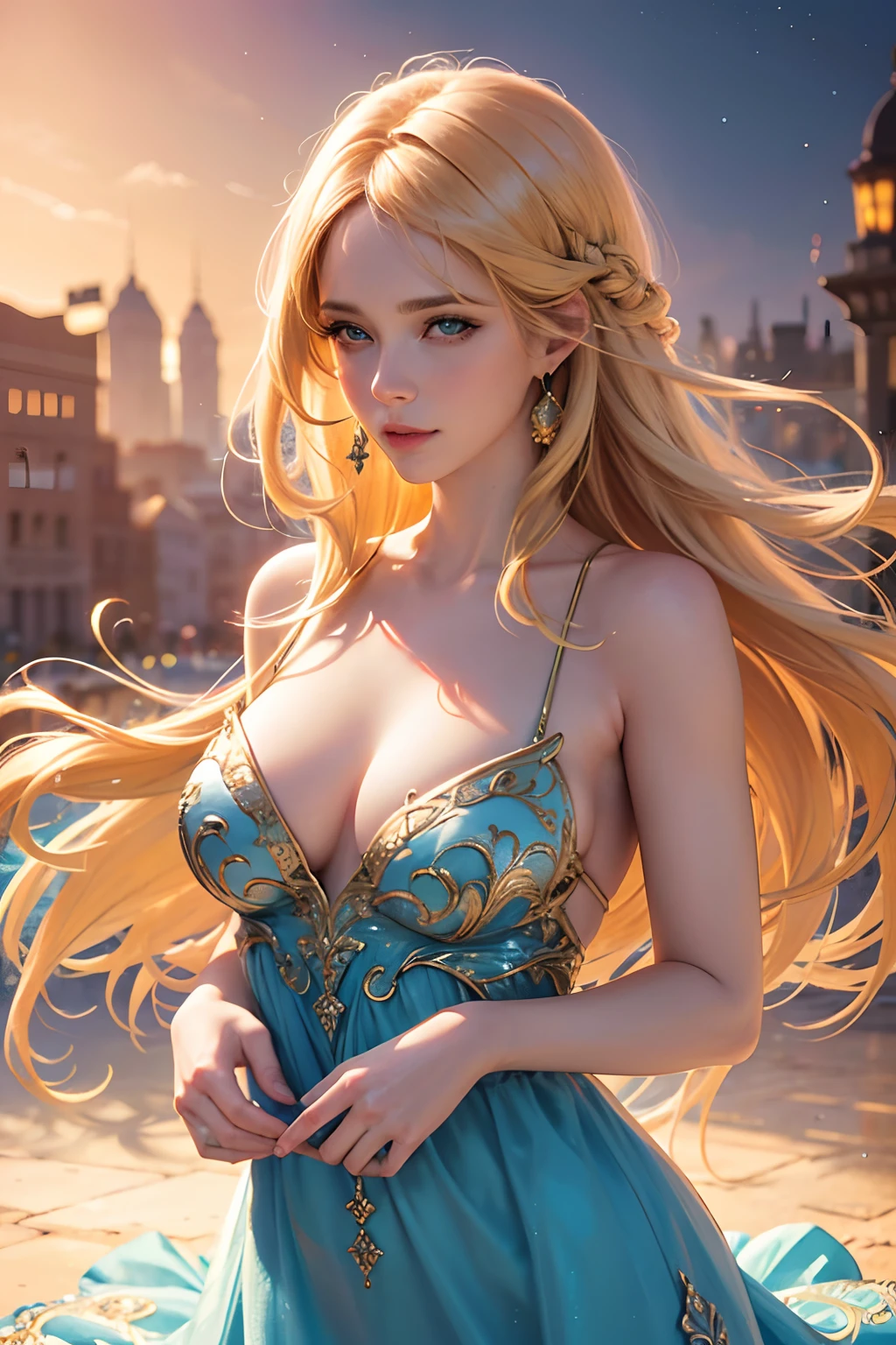 (best quality,4k,highres),(realistic:1.37),ultra-detailed,professional,vivid colors,bokeh,[portrait],golden hair,blue eyes,beautiful detailed eyes,beautiful detailed lips,soft smile,dainty red dress,Amber Sea dance, long flowing hair