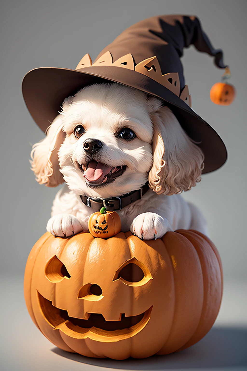 t-shirt design, minimalist, A happy white dog, brown Poodle, inside a carved pumpkin, with just its head popping out, wearing a tiny witch hat.
