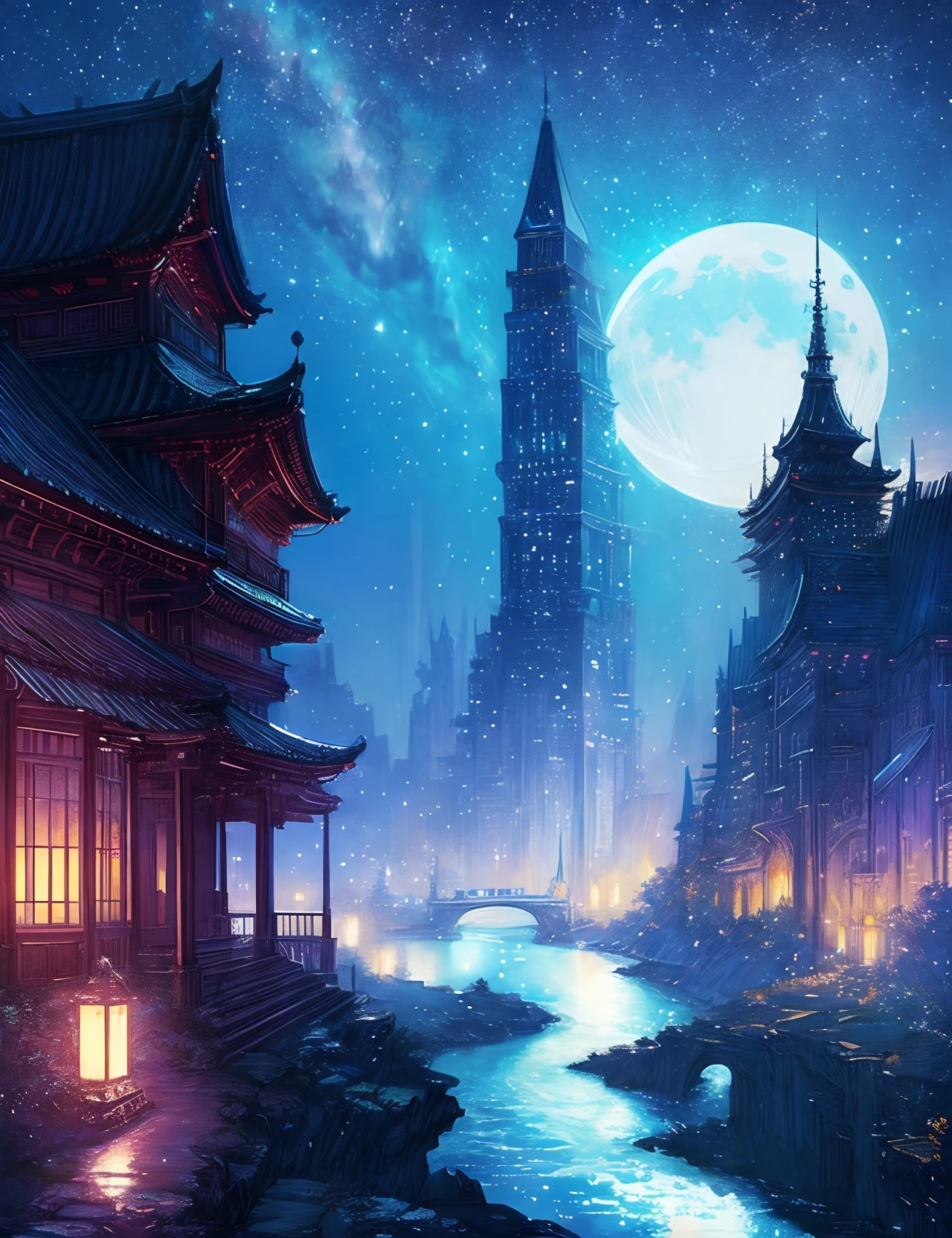the met、Painting of a river with stars and moon in the sky、the met、Shining skyscrapers、Shine across the board、Skyscrapers、Concept art inspired by Mitsuoki Tosa、pixiv contest winners、top-quality、Fantasyart、beautiful anime scene、Bright moon、Moonlit star environment、Dream painting、Anime Background Art、Fantasy landscape art、fantasy knight、anime backgrounds、background artwork、Fantastic art、atmospheric anime、starrysky、Detail has been enhanced。