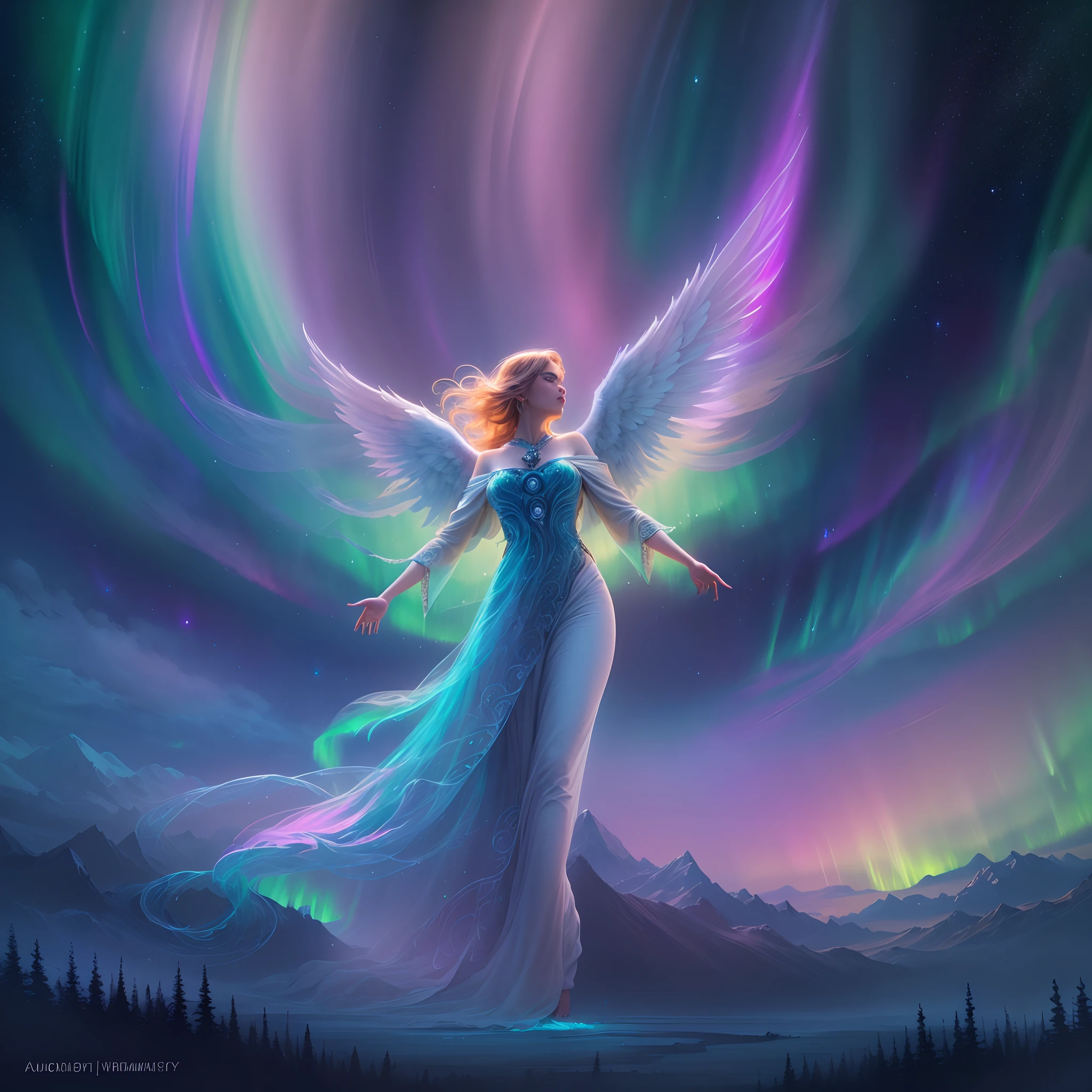 Best quality,Ultra-detailed,(aurora borealis),Angel image,otherworldly beauty,Night sky,Vibrant colors,luminouslighting,Ethereal atmosphere,Um ser celestial,glittering stars,cosmic energy,Extraordinary artistry,Heavenly creatures,Mythological elements,divine presence,Supernatural powers,Majestic performance,Vivid celestial tones,Engaging creations