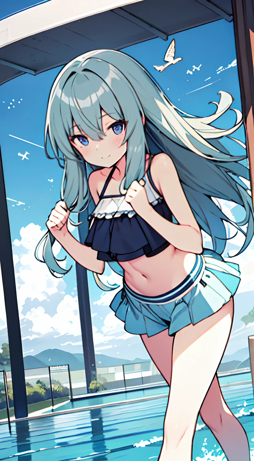masuter piece, Best Quality,32K、Wallpaper, ultra -detail, Absurd beauty, 1beautiful girl、Big crisp eyes、Hair fluttering in the wind、Slender legs、Smaller head、miscievous smile、Angle looking down from above:1.3、♡♡♡、(Poses in motion)、The bikini、swimming pools:1.3、ample breasts